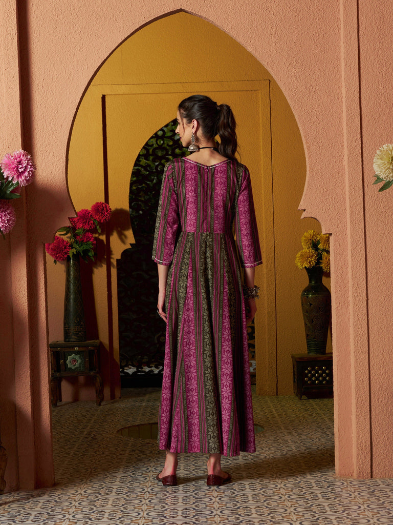 Women's Maroon Geometric Floral Anarkali Maxi Dress