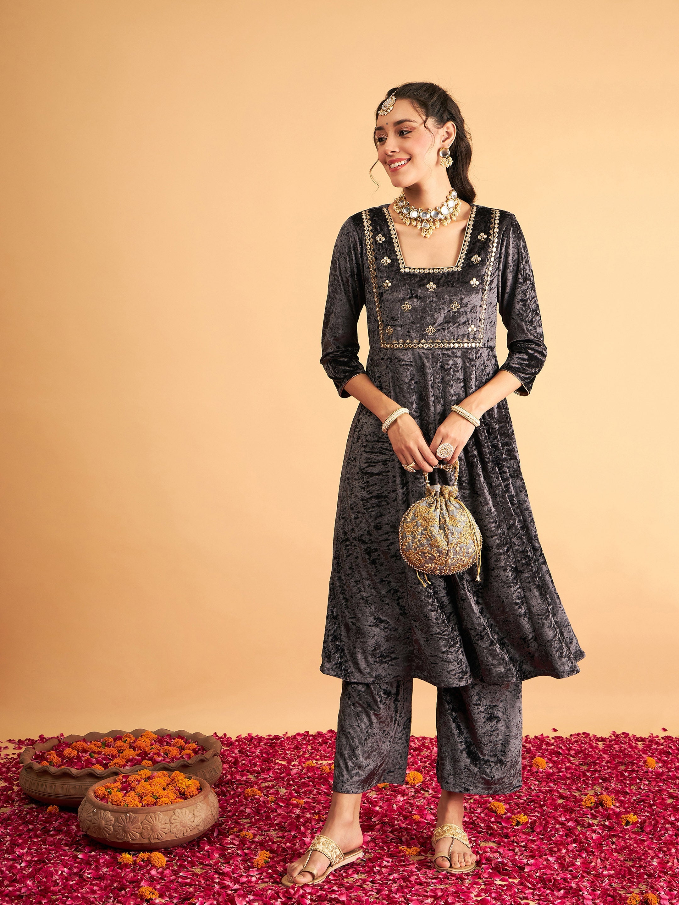 Women's Grey Velvet Embroidered Anarkali Dress - Lyush
