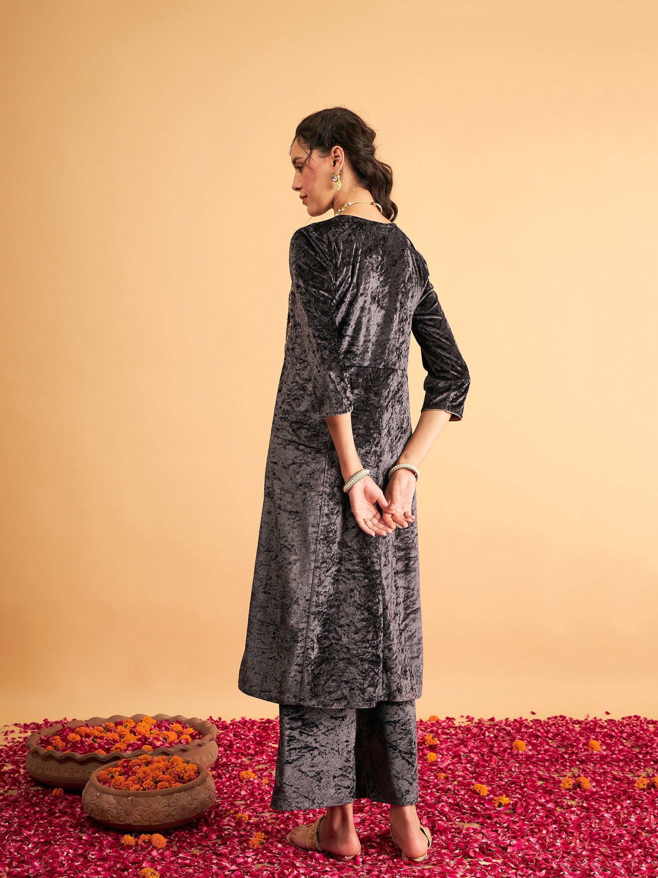 Women's Grey Velvet Embroidered Anarkali Dress - Lyush