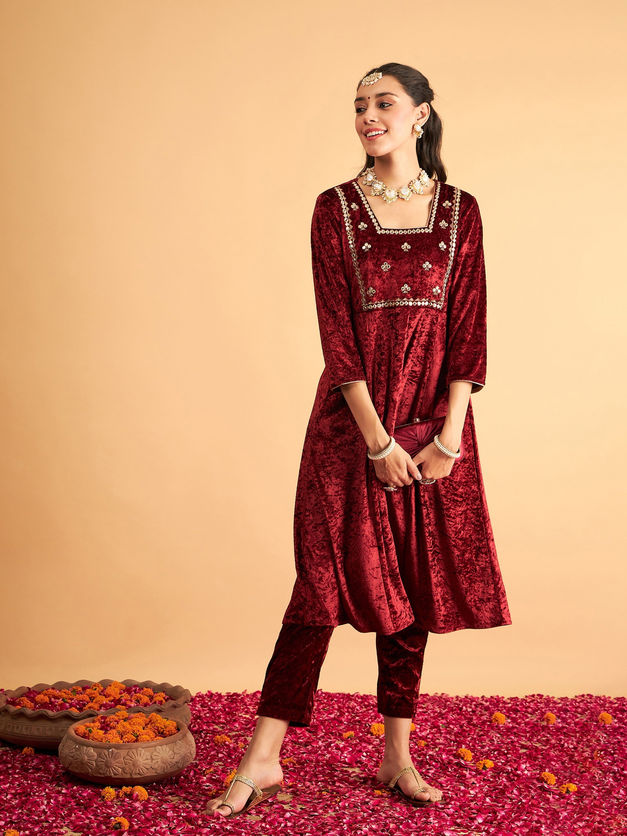 Women's Maroon Velvet Embroidered Anarkali Dress - Lyush