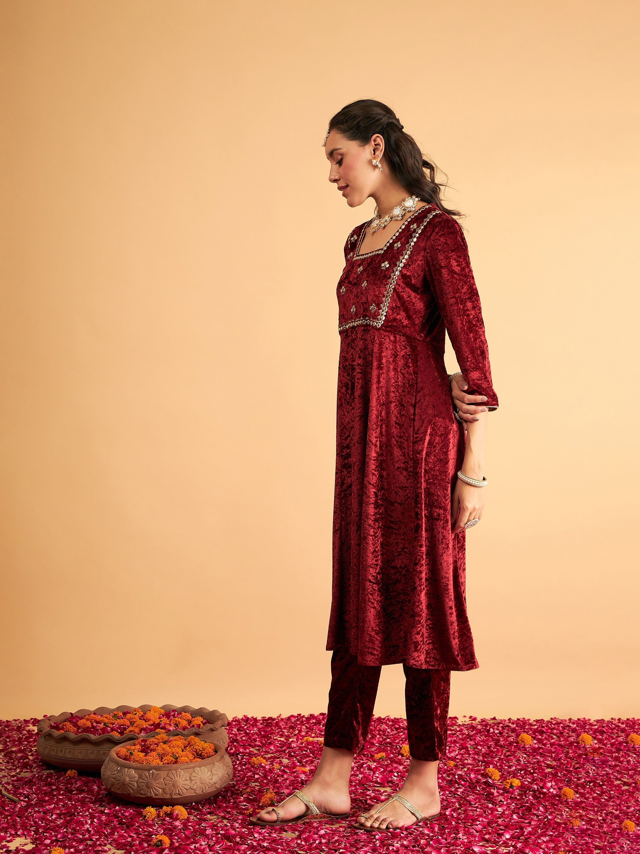 Women's Maroon Velvet Embroidered Anarkali Dress - Lyush