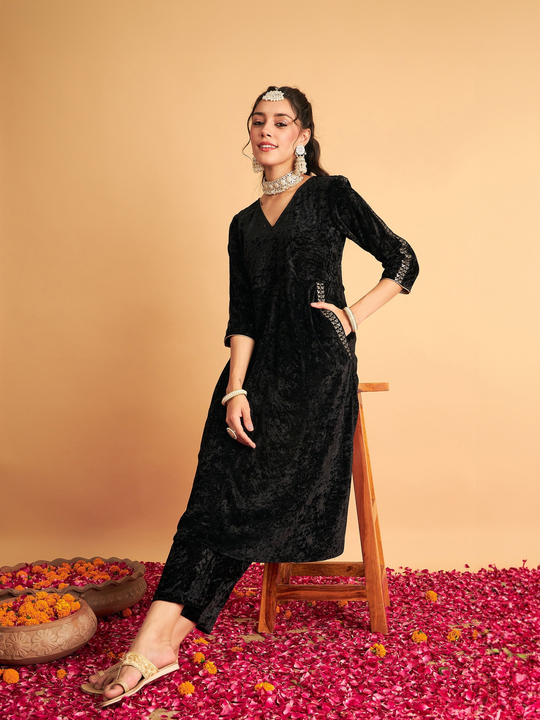 Women's Black Velvet Embroidered Pocket Anarkali Dress - Lyush
