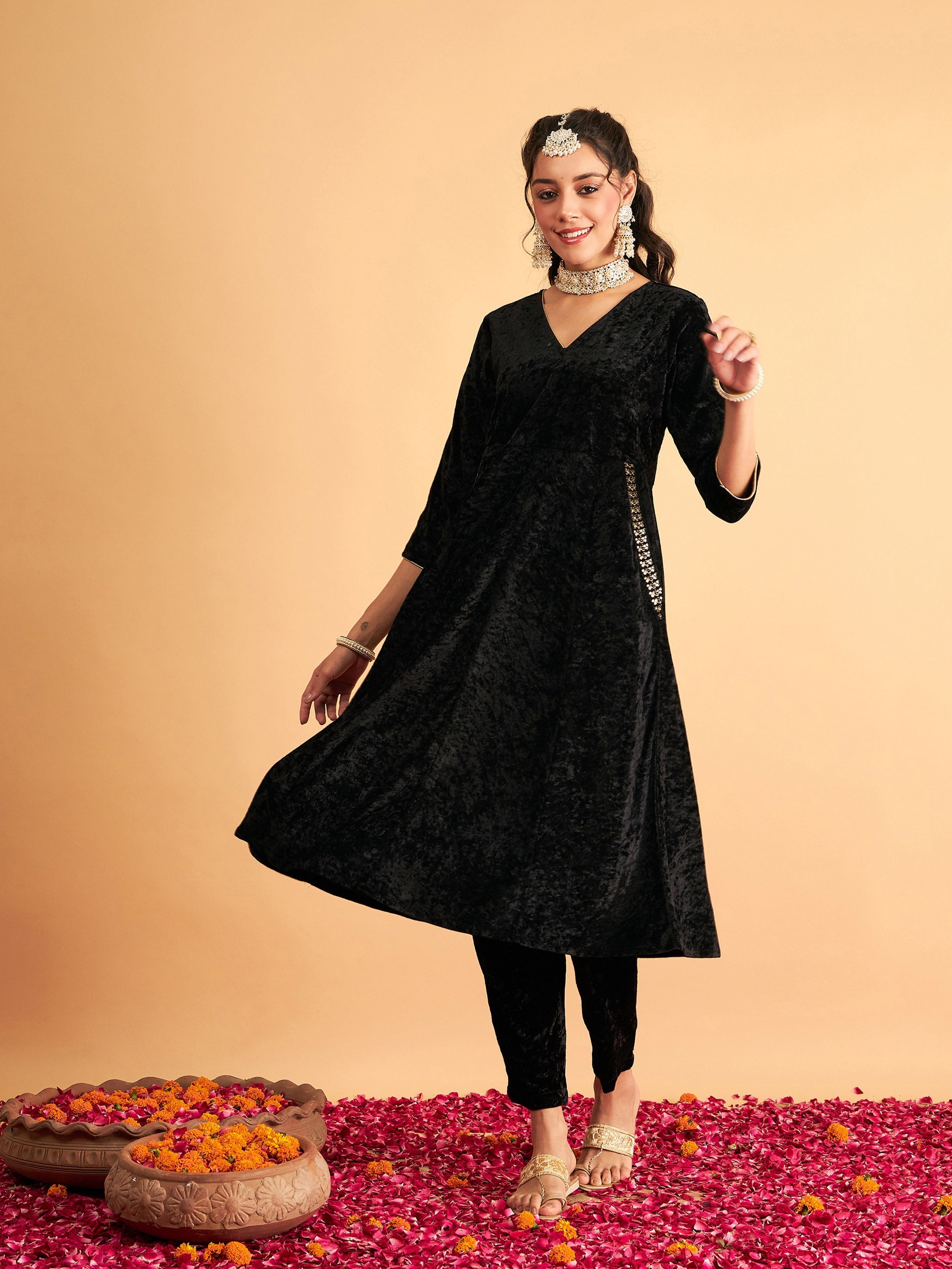 Women's Black Velvet Embroidered Pocket Anarkali Dress - Lyush