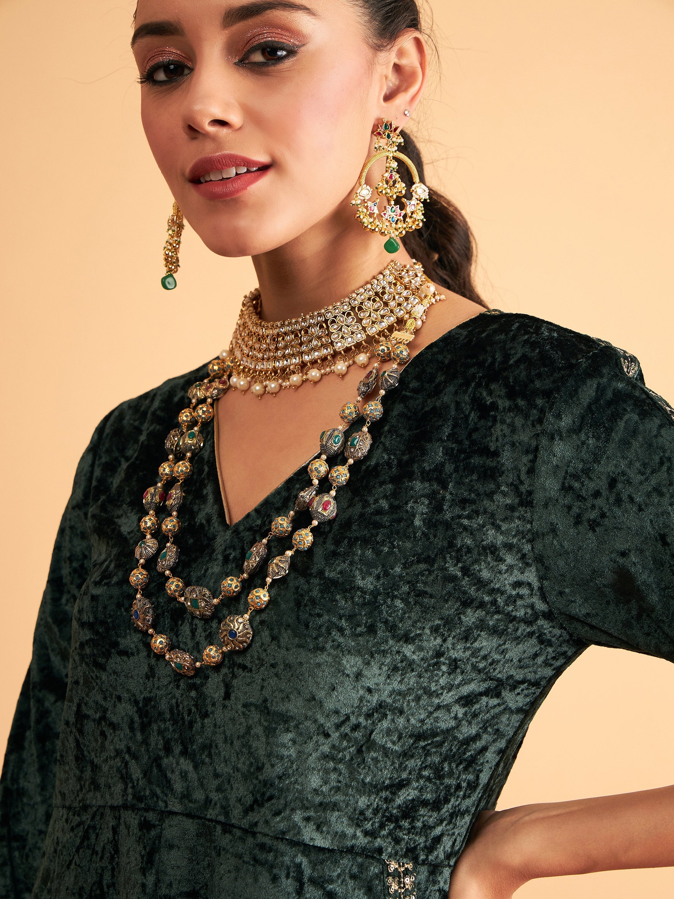 Women's Emerald Velvet Embroidered Pocket Anarkali Dress - Lyush
