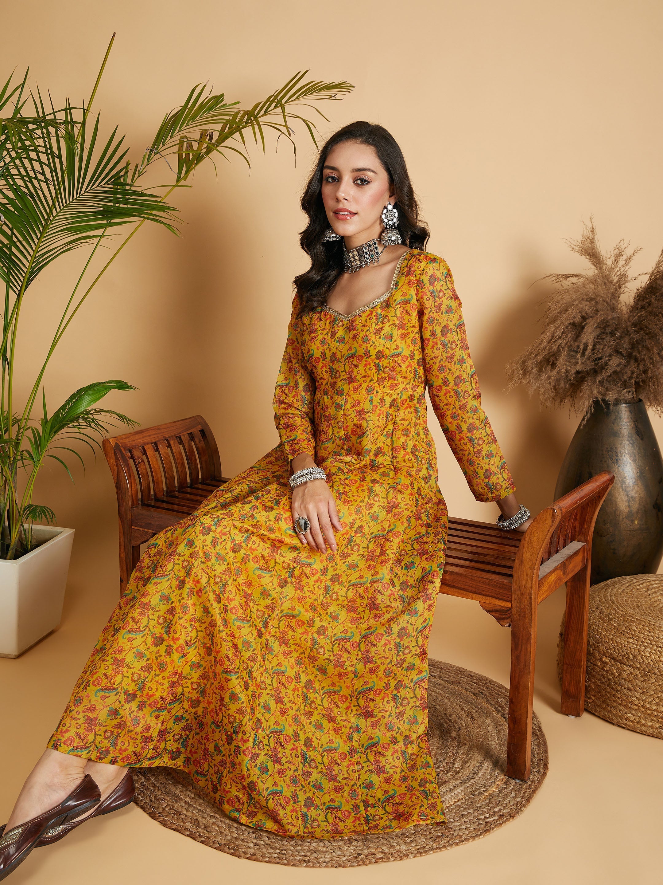 Women's Mustard Floral Anarkali Maxi Dress - Lyush