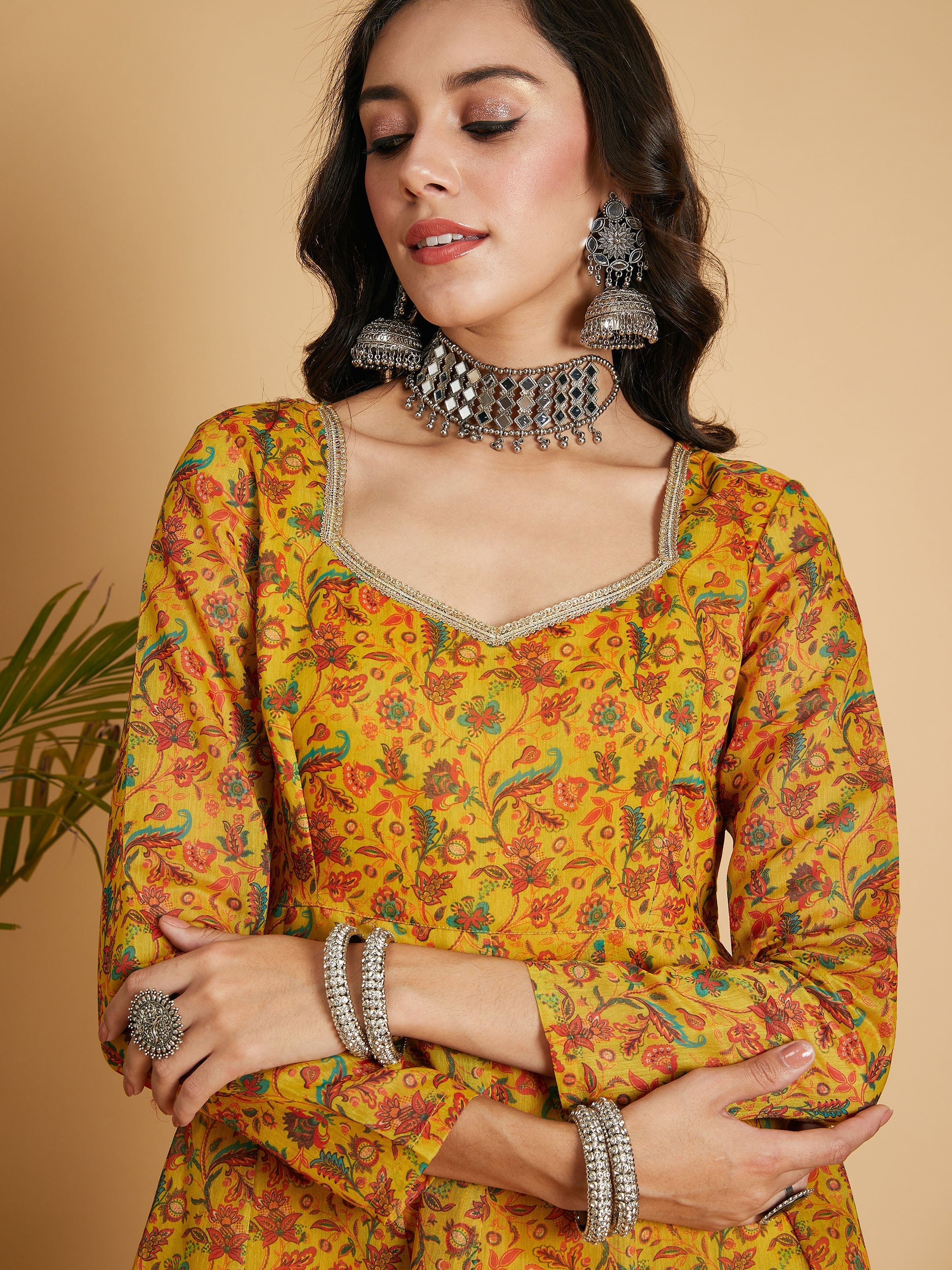 Women's Mustard Floral Anarkali Maxi Dress - Lyush