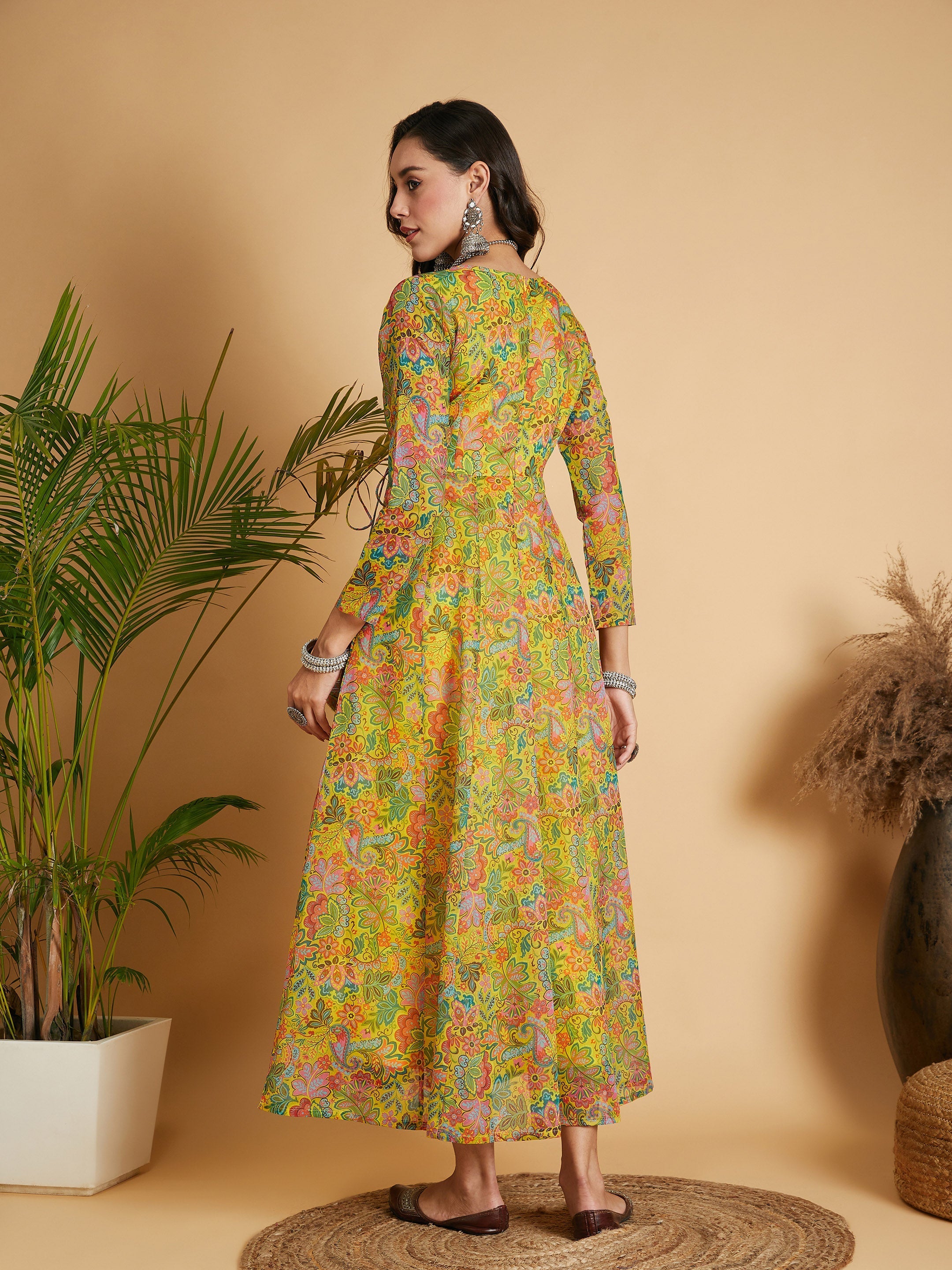 Women's Lemon Yellow Floral Anarkali Maxi Dress - Lyush
