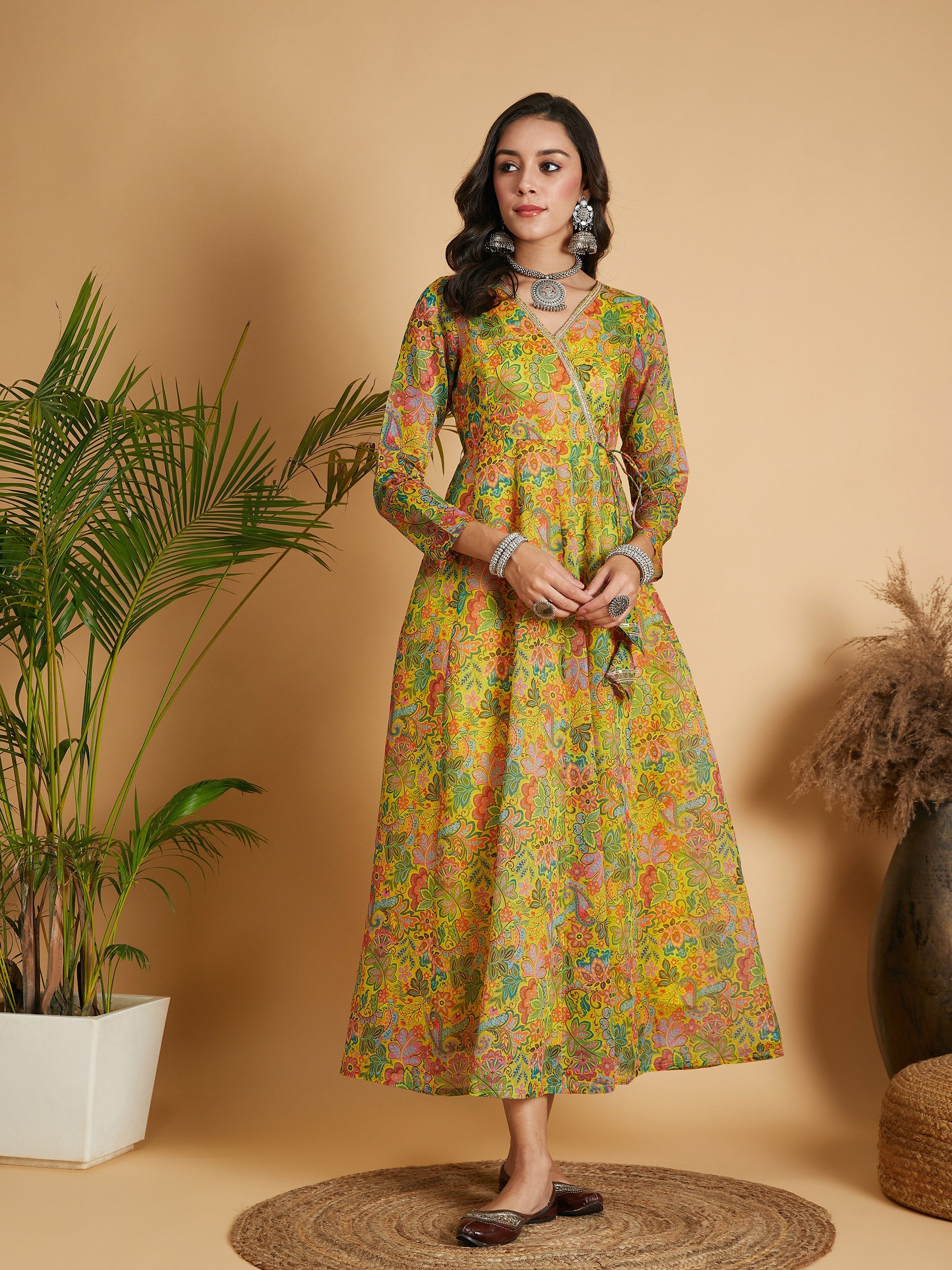 Women's Lemon Yellow Floral Anarkali Maxi Dress - Lyush