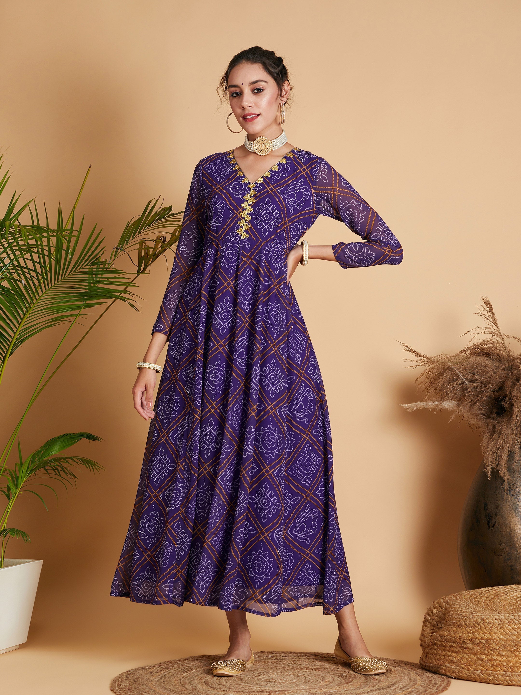 Women's Purple & White Bandhej Anarkali Dress - Lyush