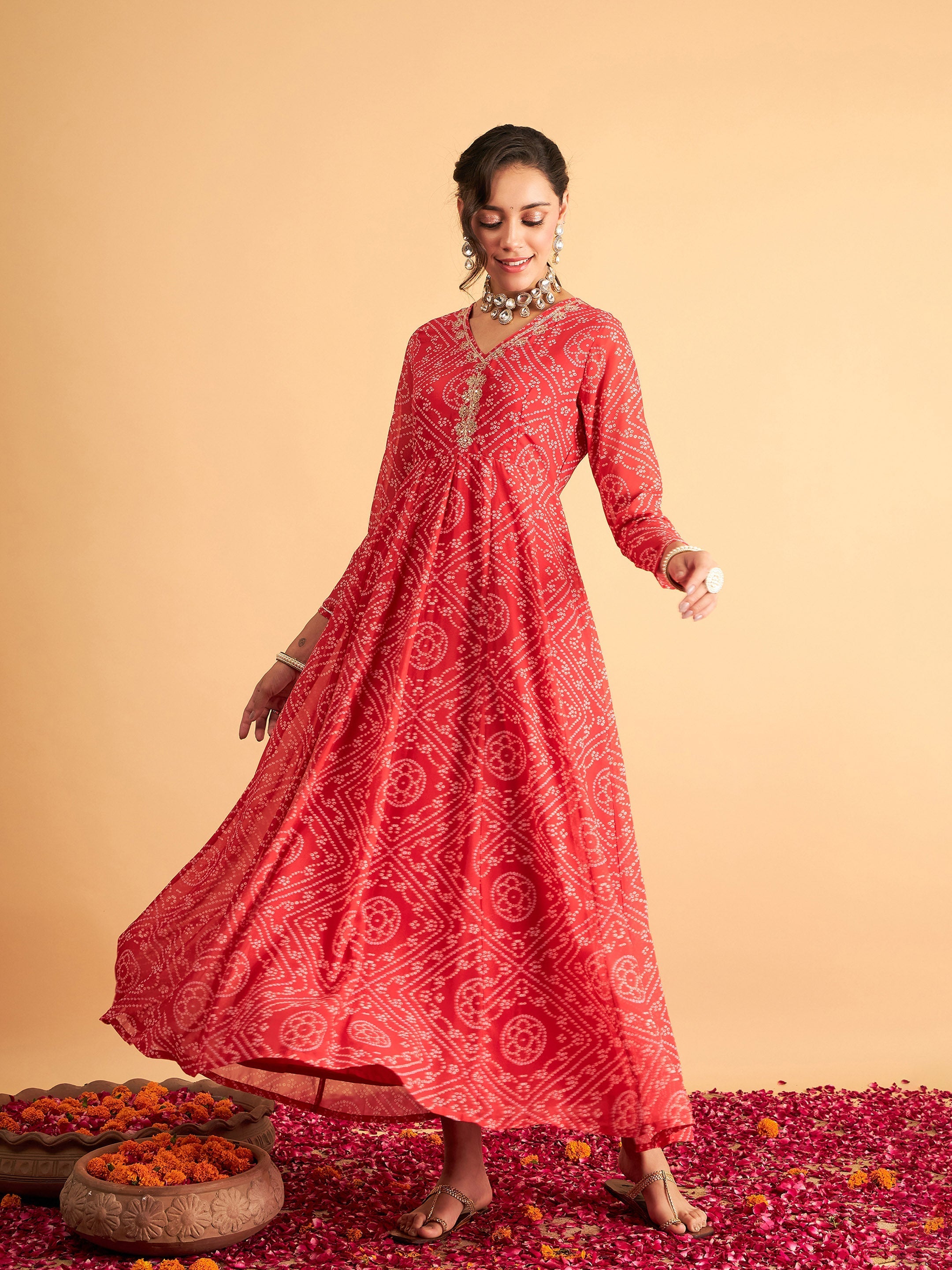 Women's Red & White Bandhej Anarkali Dress - Lyush