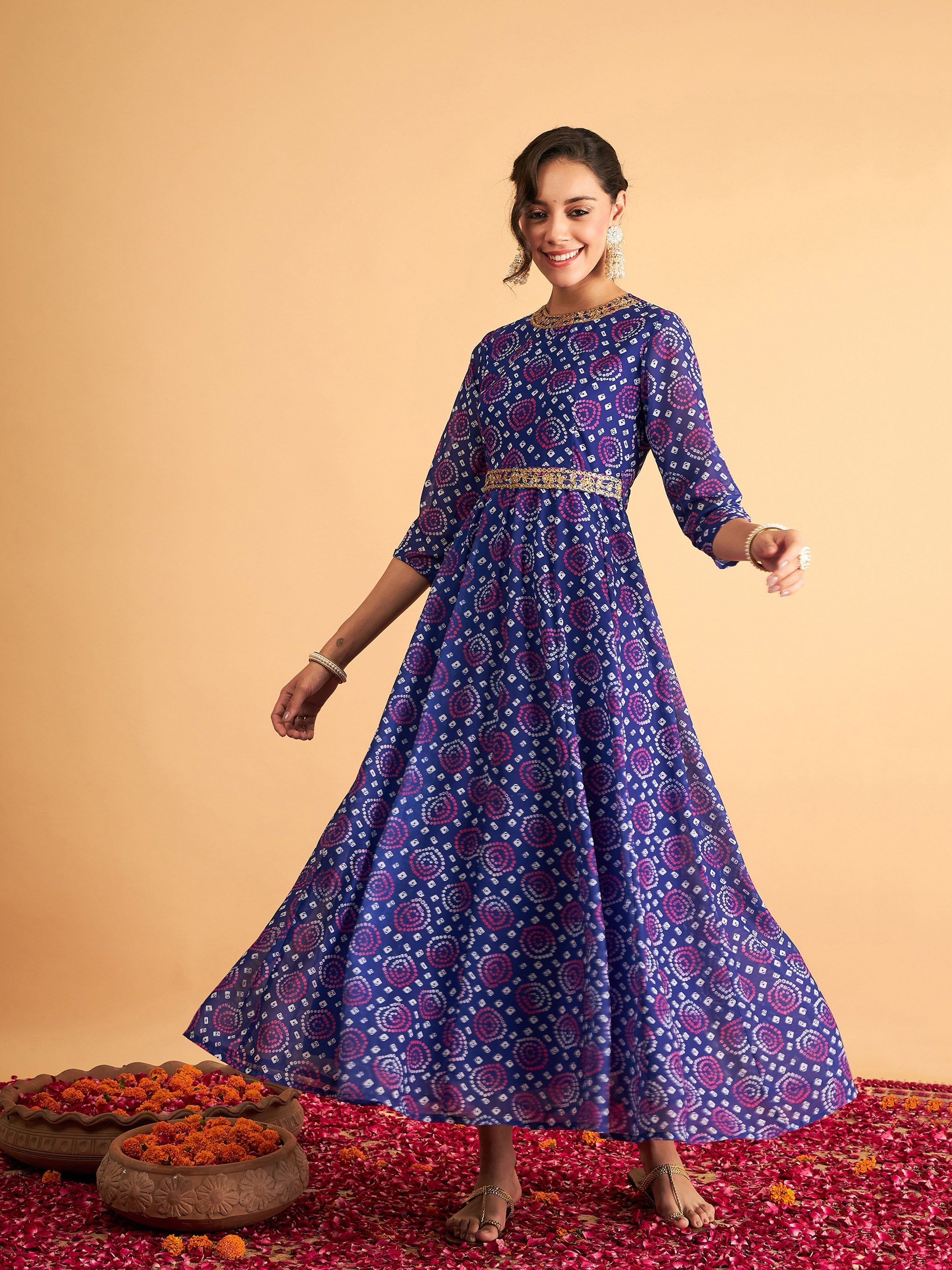 Women's Royal Blue & White Bandhej Anarkali Dress - Lyush