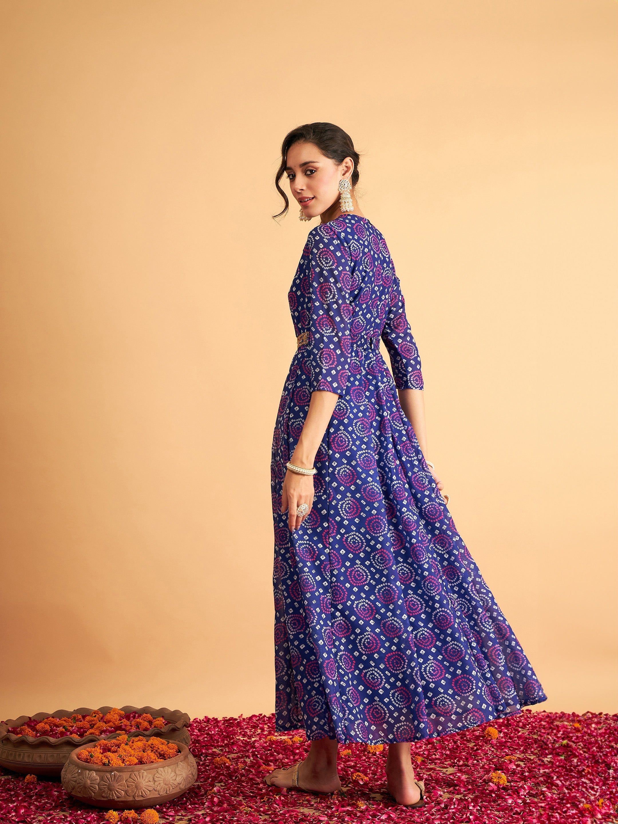 Women's Royal Blue & White Bandhej Anarkali Dress - Lyush