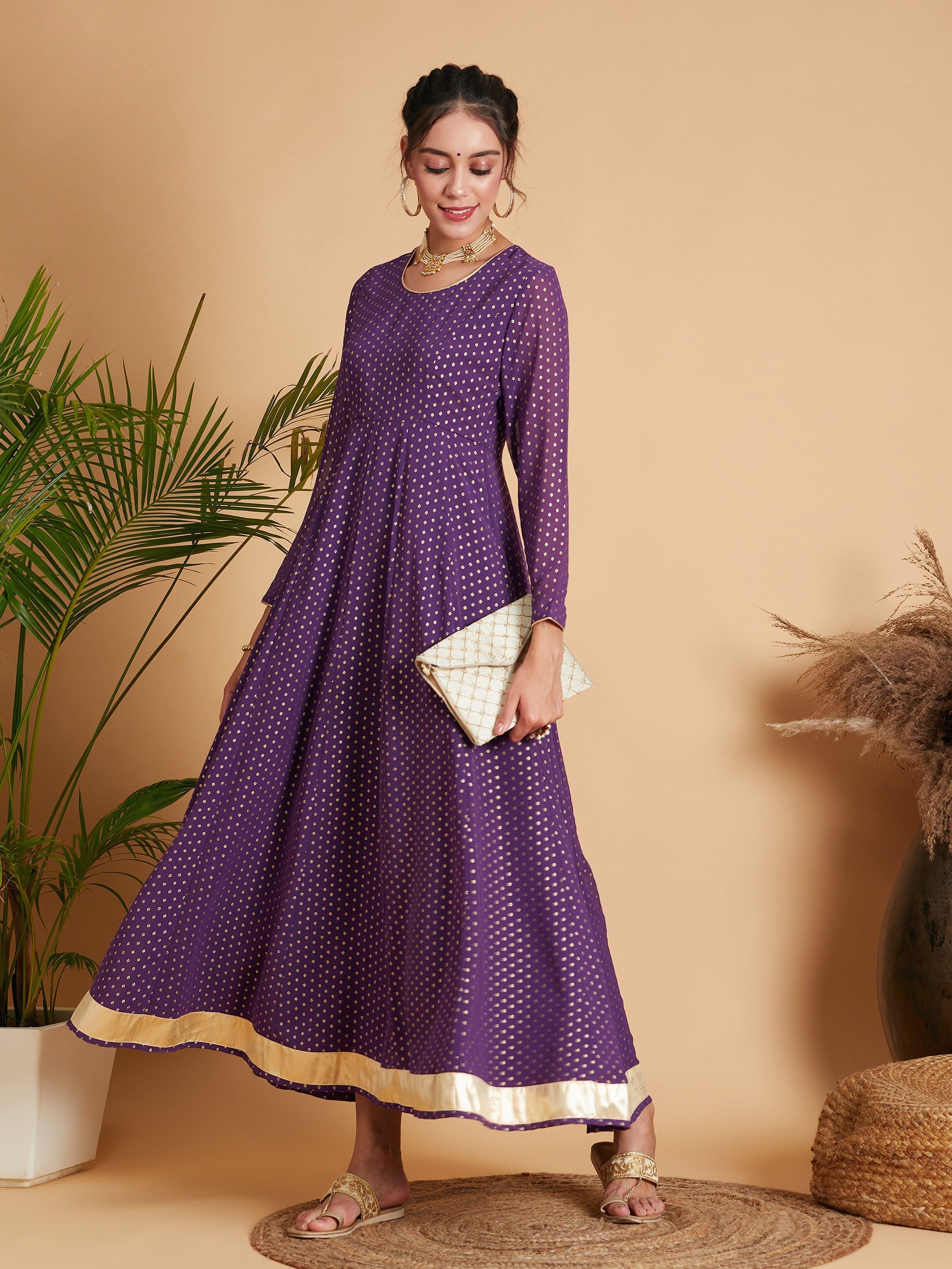 Women's Purple Dot Foil Print Anarkali Dress - Lyush