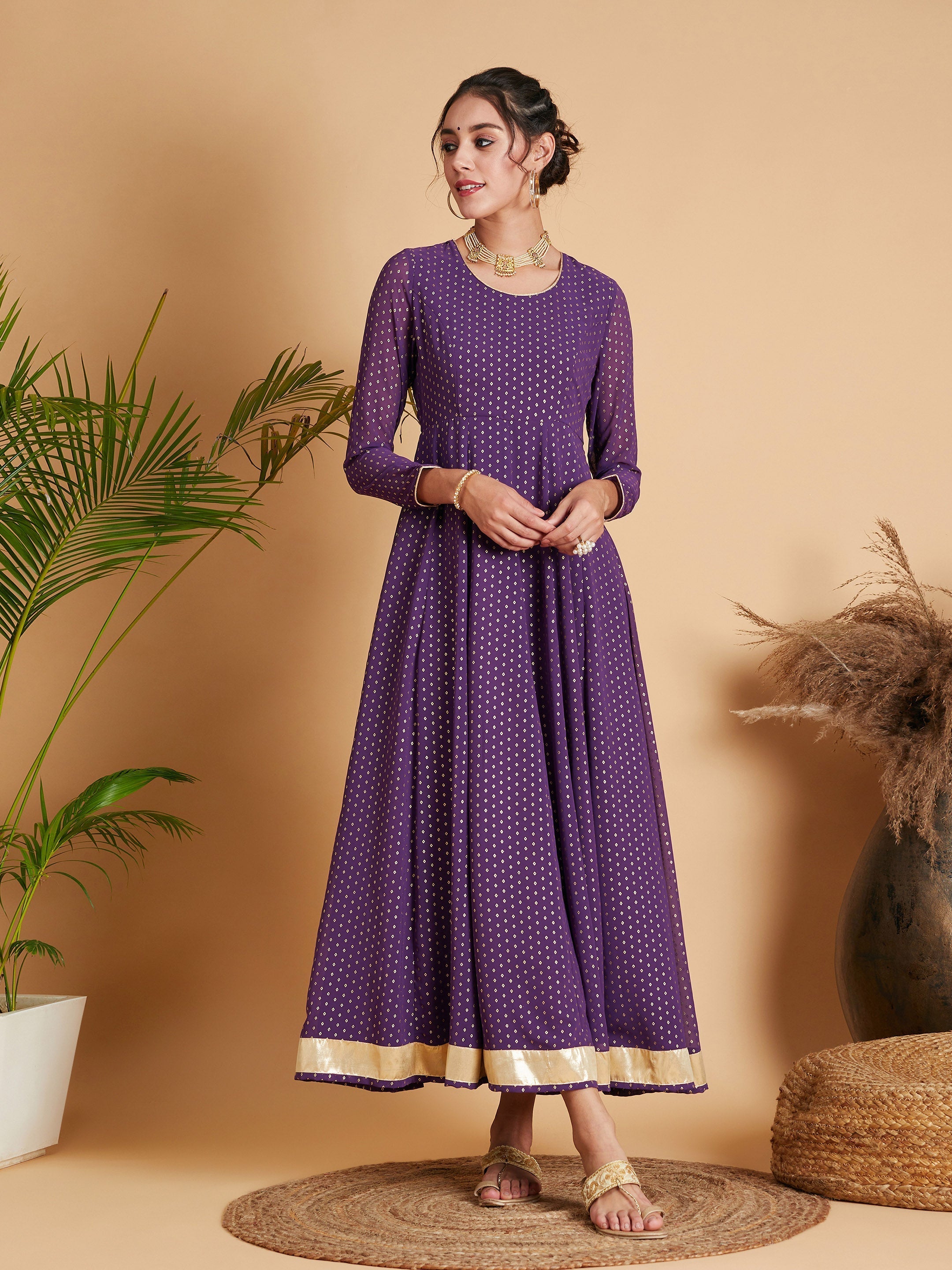 Women's Purple Dot Foil Print Anarkali Dress - Lyush