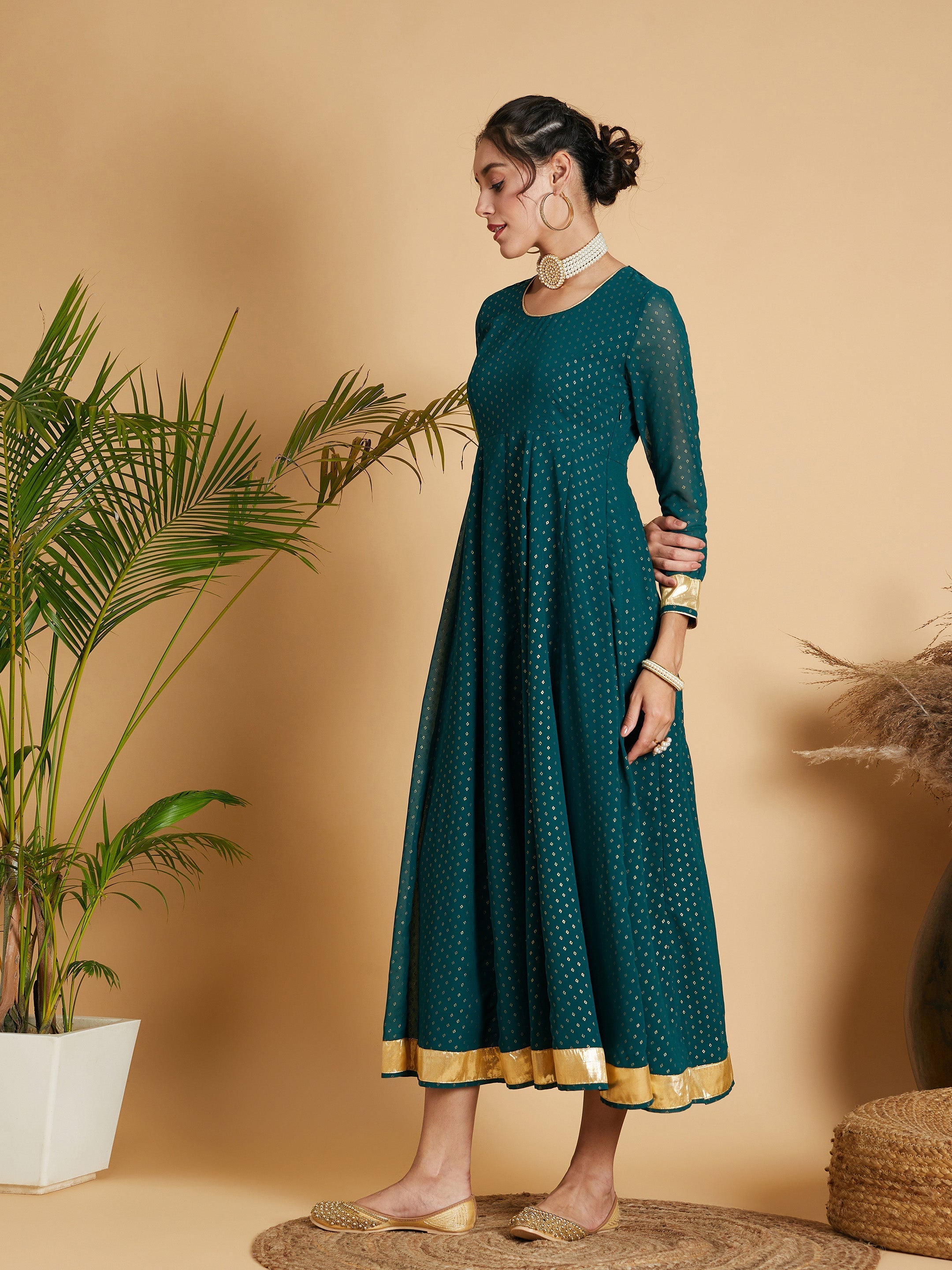 Women's Emerald Dot Foil Print Anarkali Dress - Lyush