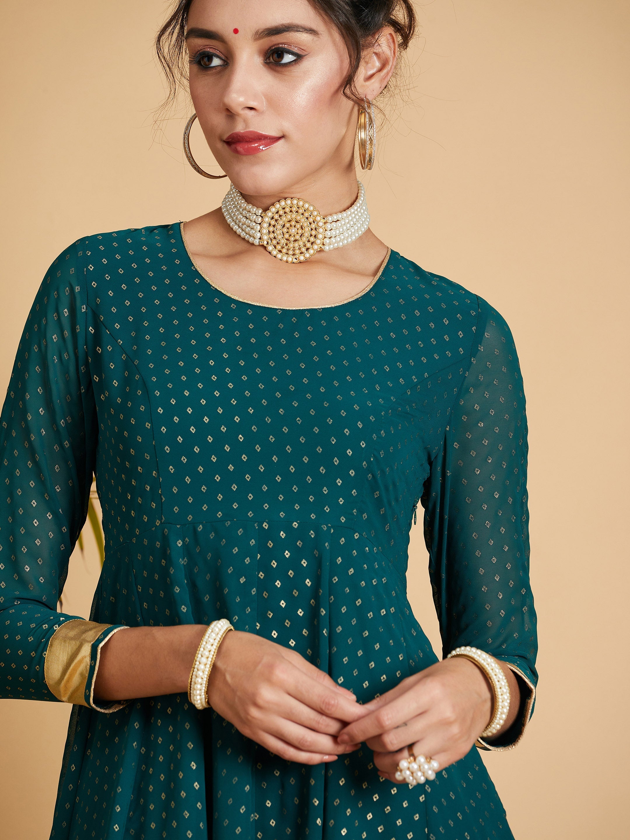 Women's Emerald Dot Foil Print Anarkali Dress - Lyush