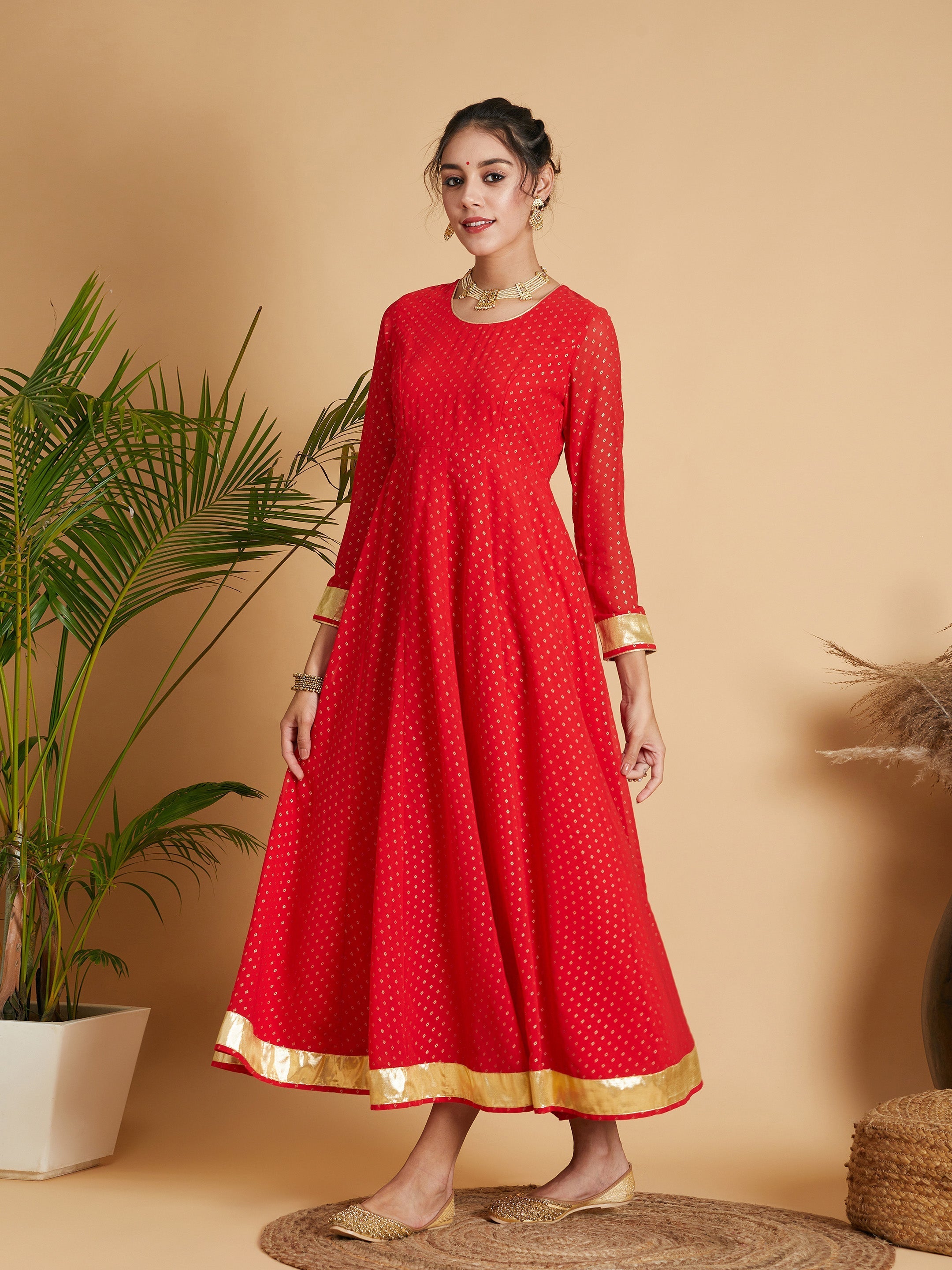 Women's Red Dot Foil Print Anarkali Dress - Lyush