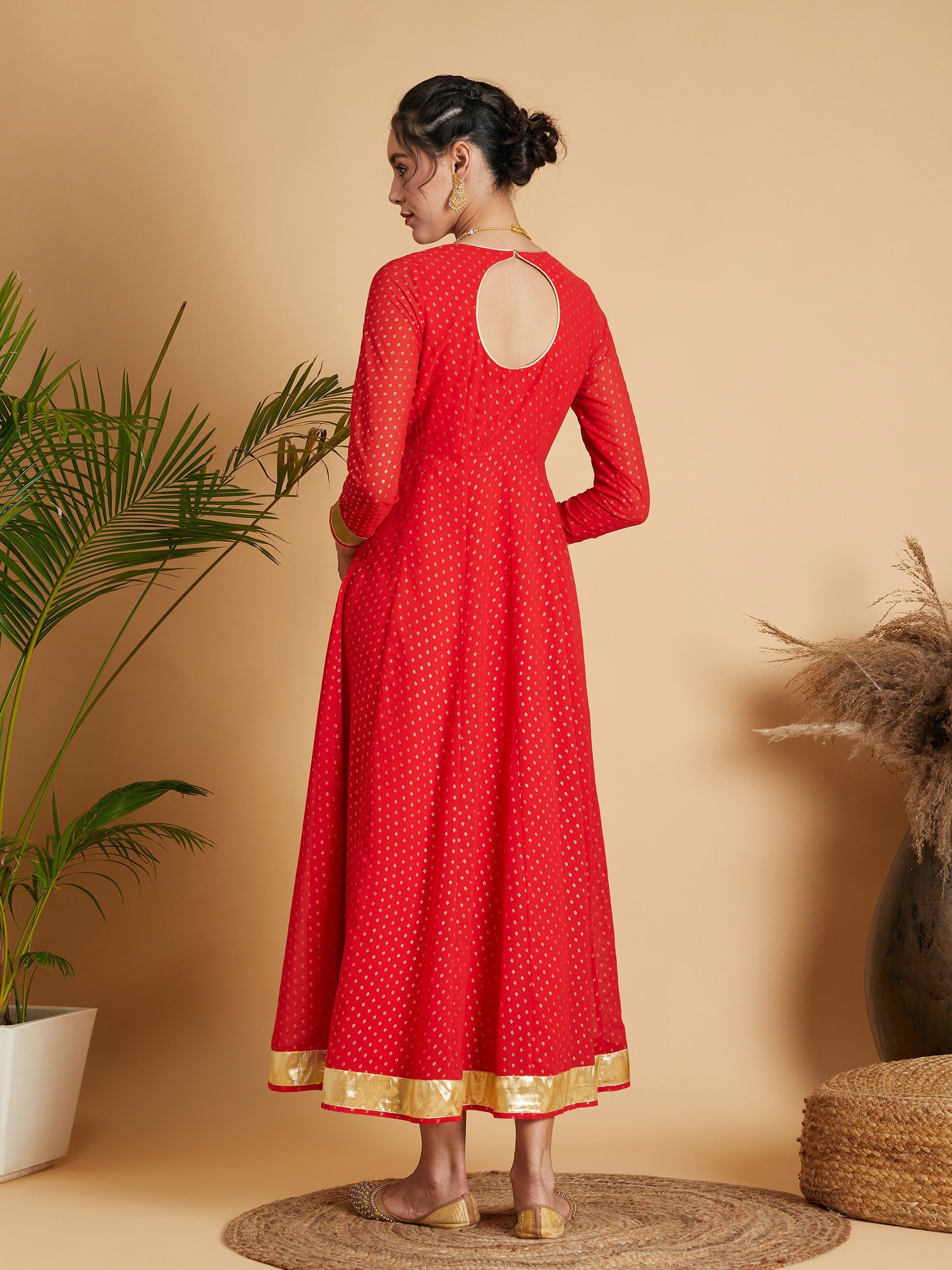 Women's Red Dot Foil Print Anarkali Dress - Lyush