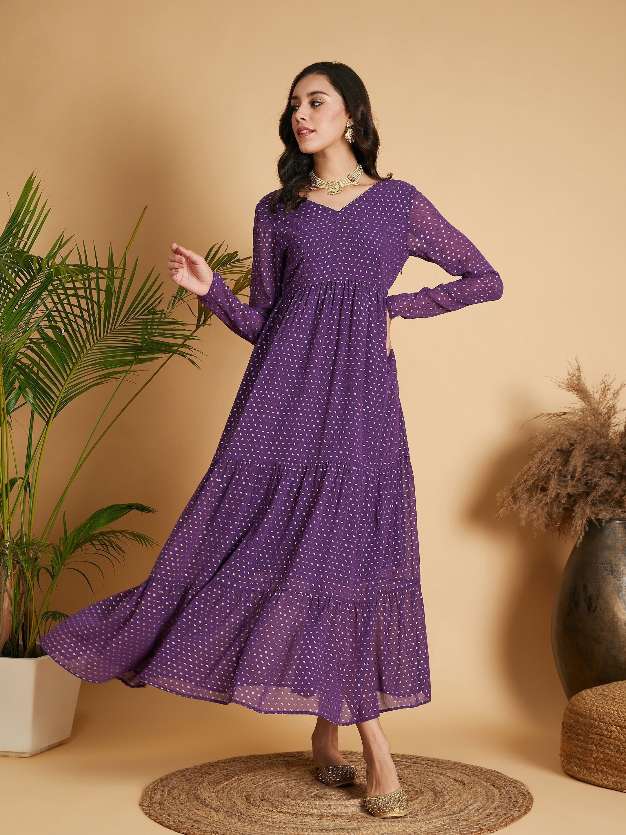 Women's Purple Dot Foil Print Tiered Maxi Dress - Lyush