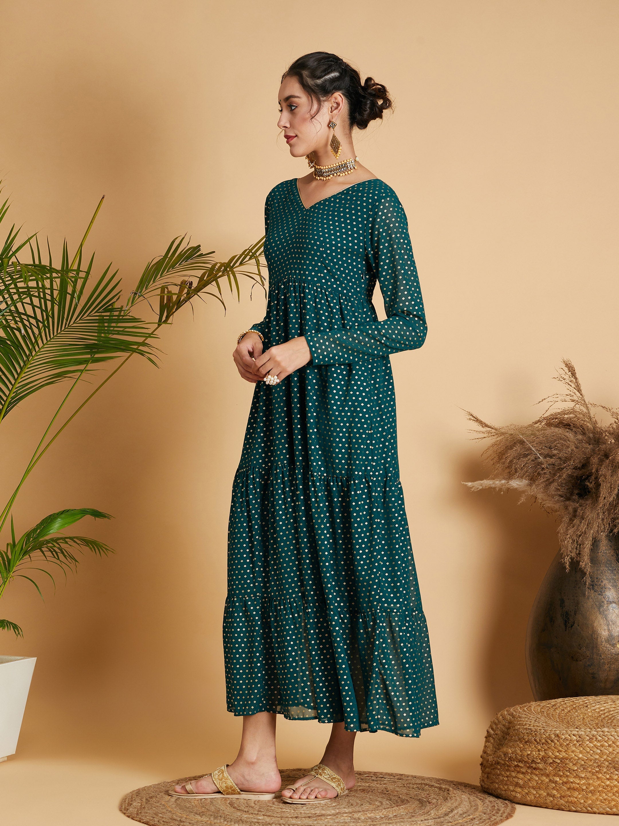 Women's Emerald Dot Foil Print Tiered Maxi Dress - Lyush