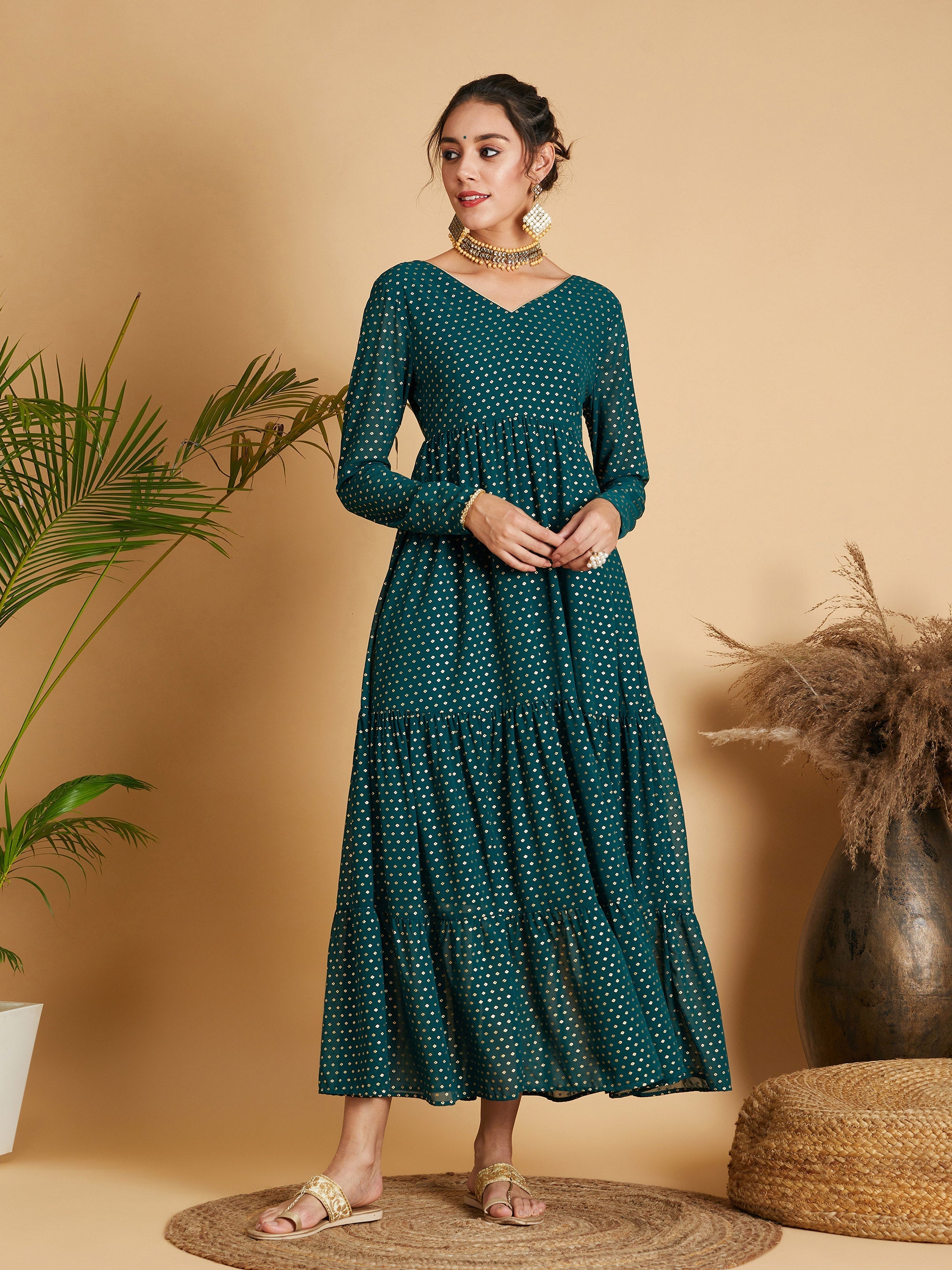 Women's Emerald Dot Foil Print Tiered Maxi Dress - Lyush