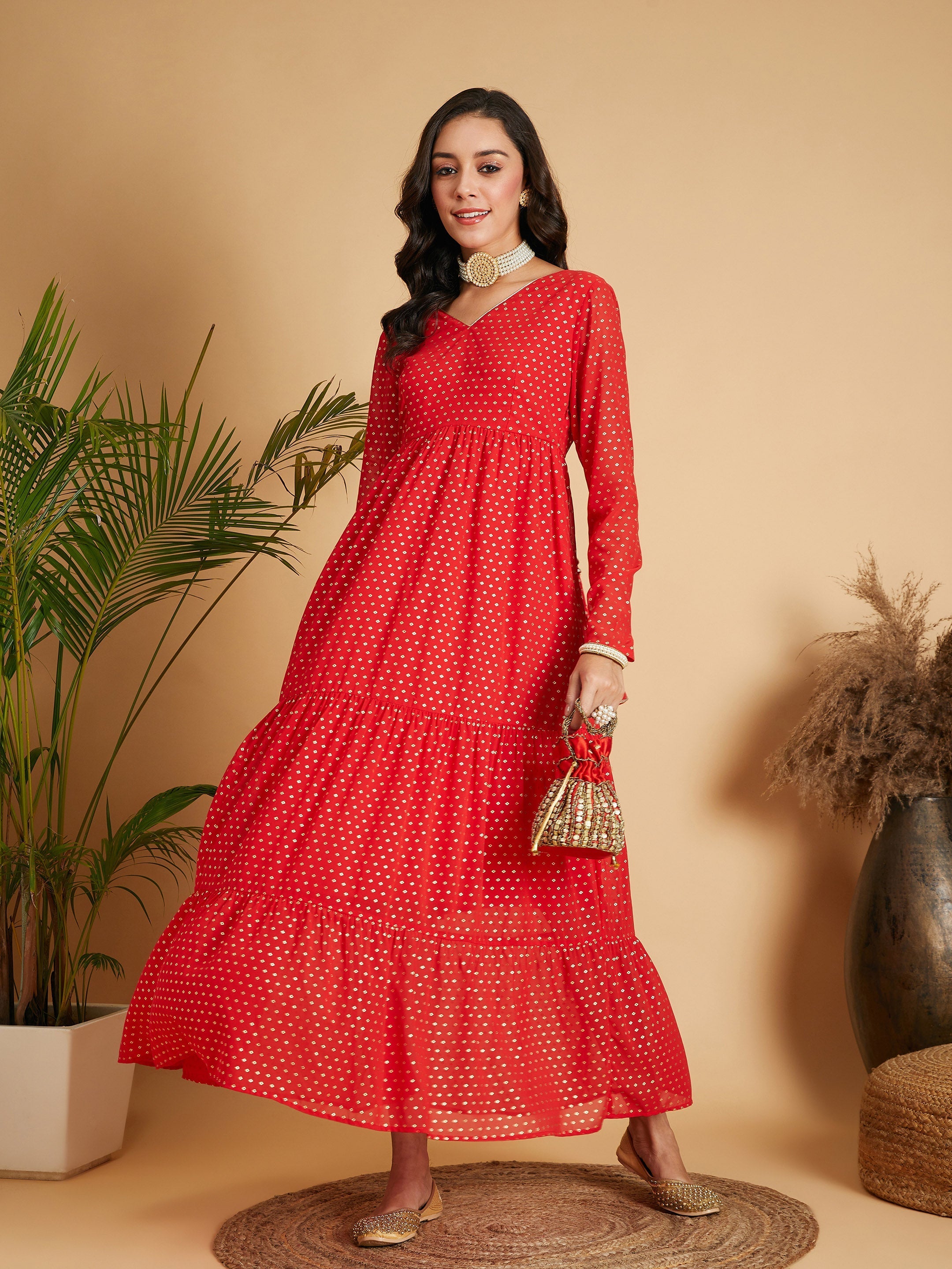 Women's Red Dot Foil Print Tiered Maxi Dress - Lyush