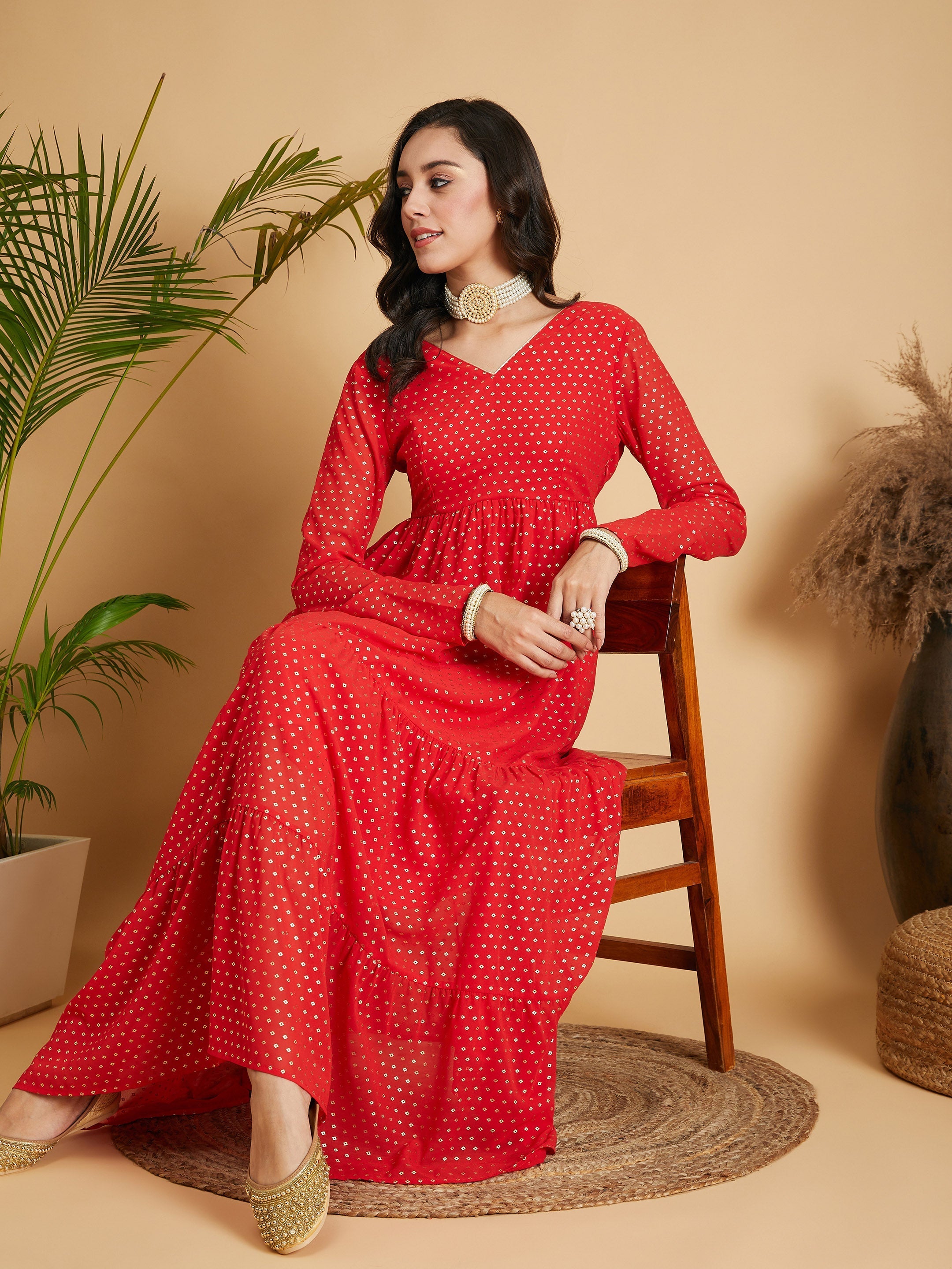 Women's Red Dot Foil Print Tiered Maxi Dress - Lyush