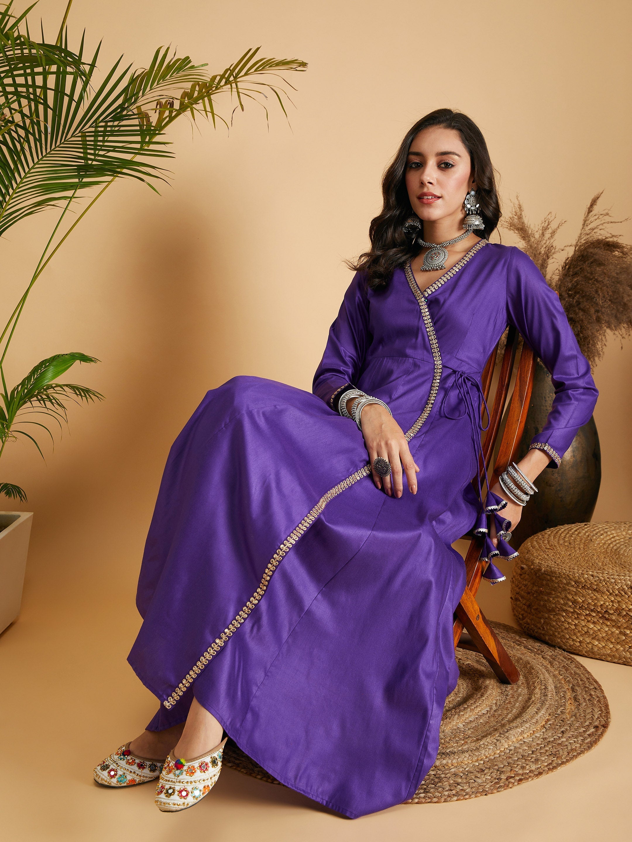 Women's Purple Angrakha Anarkali Dress With Slip - Lyush