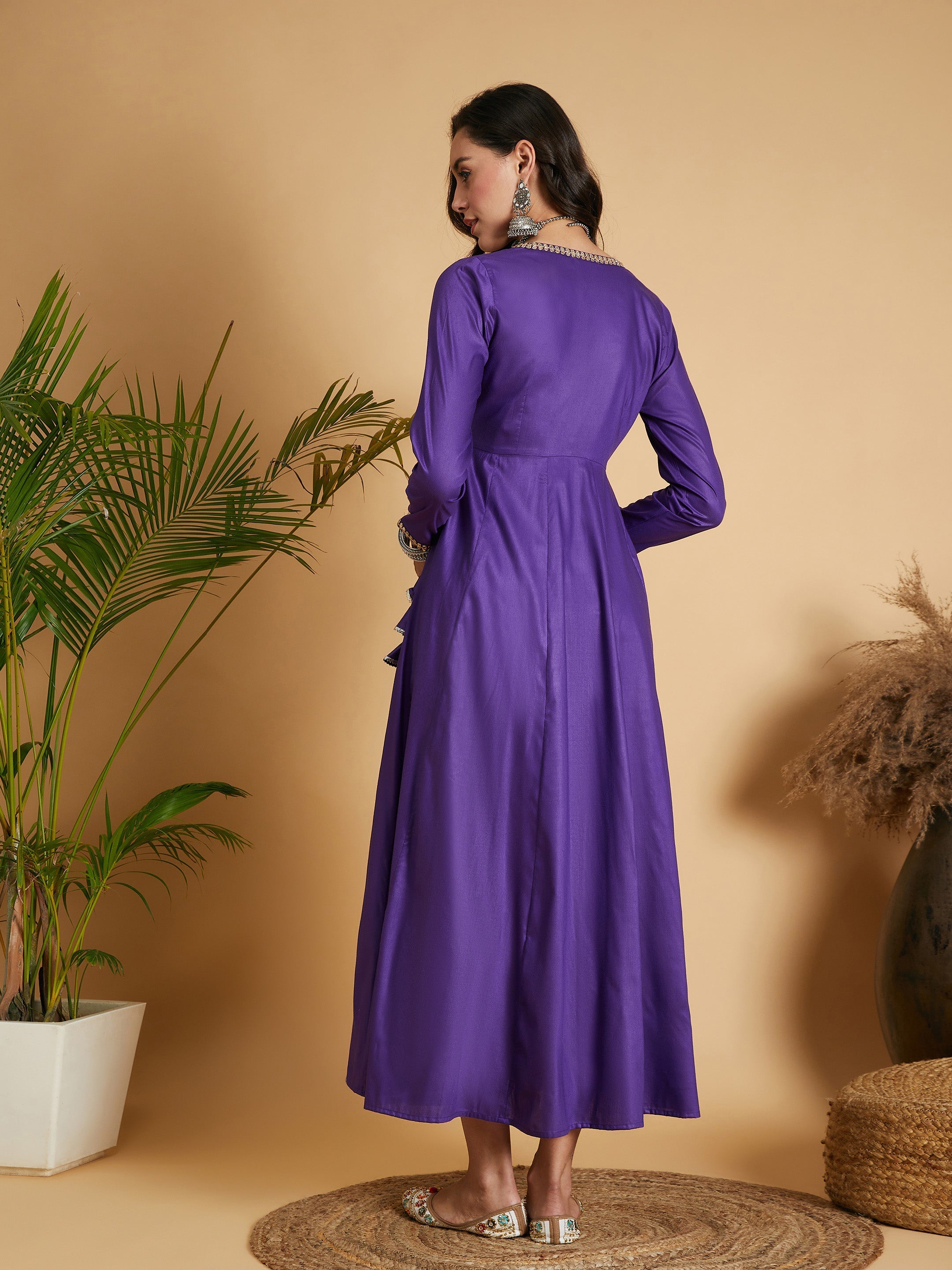Women's Purple Angrakha Anarkali Dress With Slip - Lyush