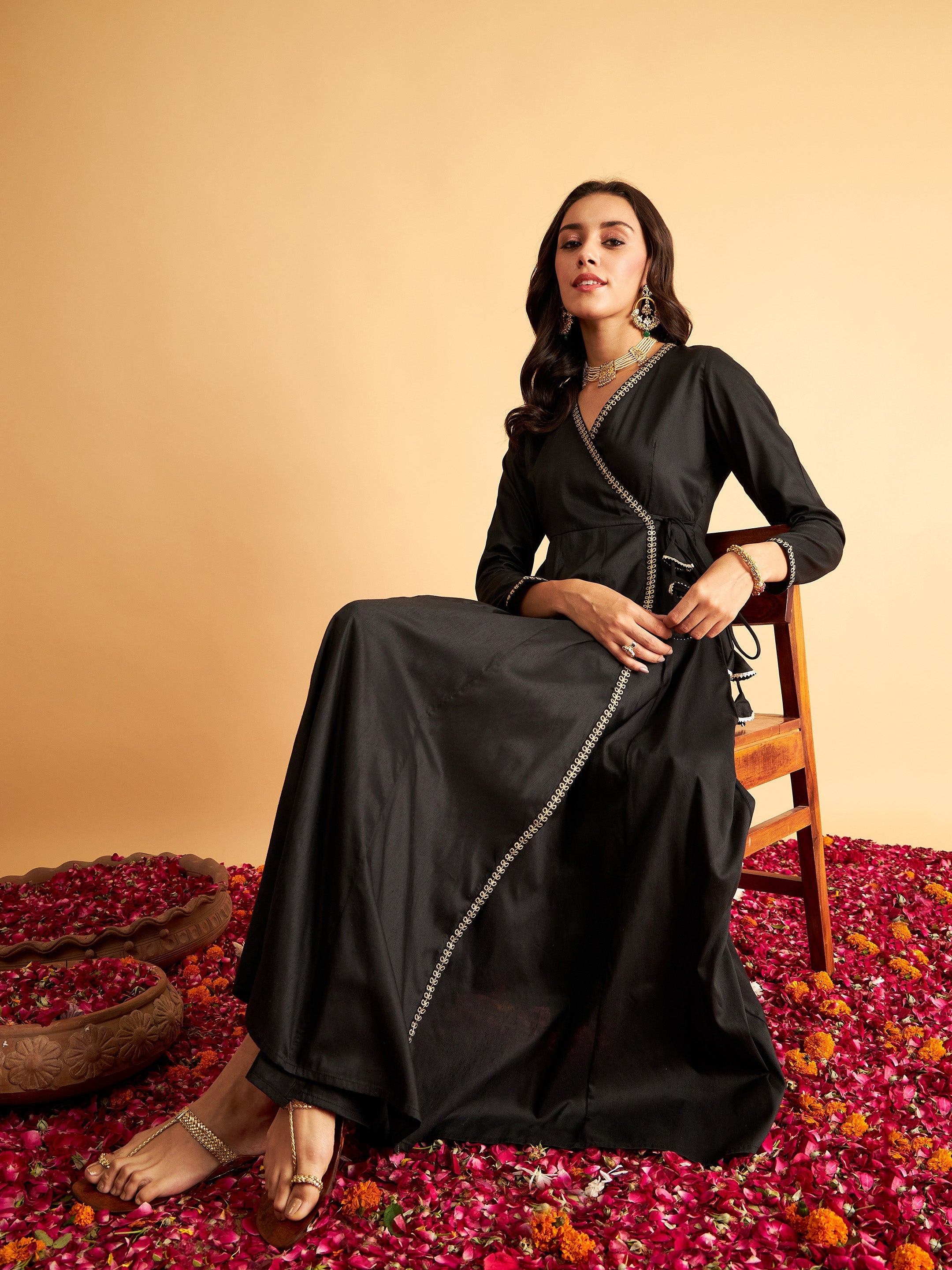 Women's Black Angrakha Anarkali Dress With Slip - Lyush