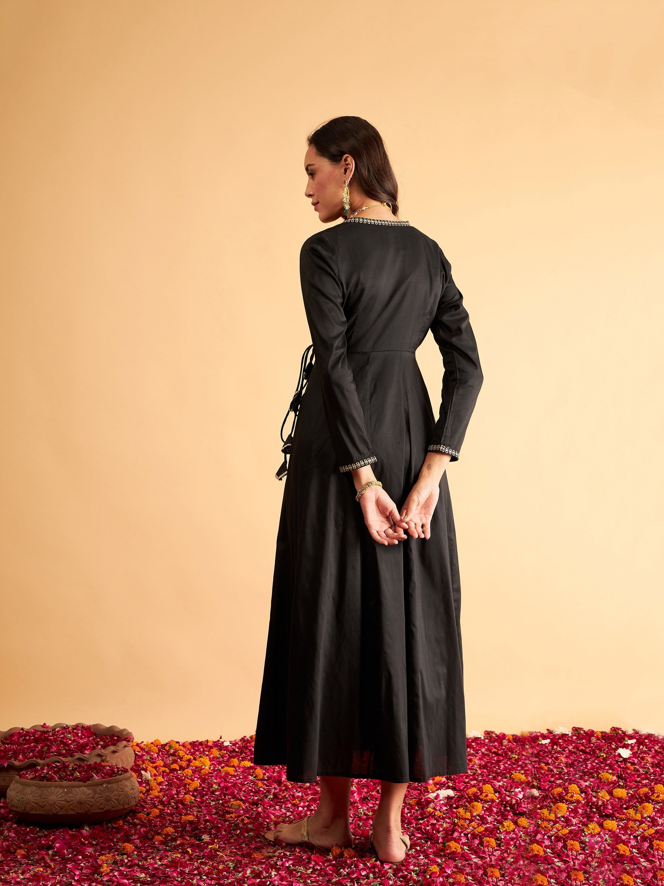 Women's Black Angrakha Anarkali Dress With Slip - Lyush