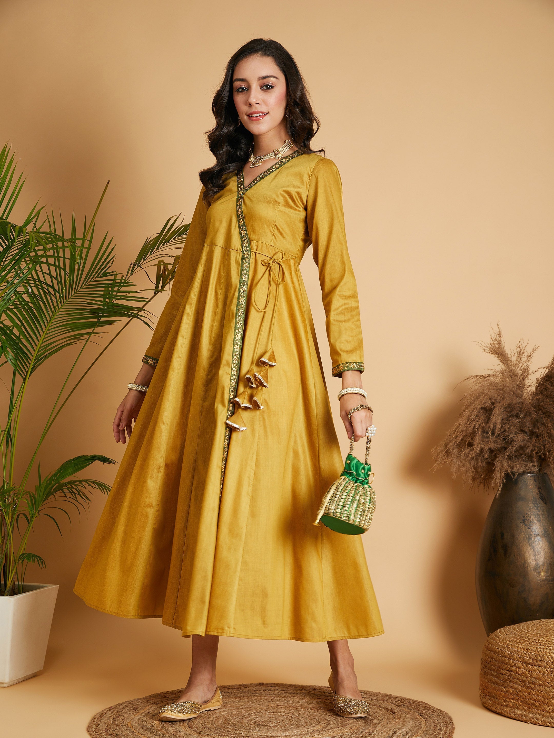 Women's Mustard Angrakha Anarkali Dress With Slip - Lyush