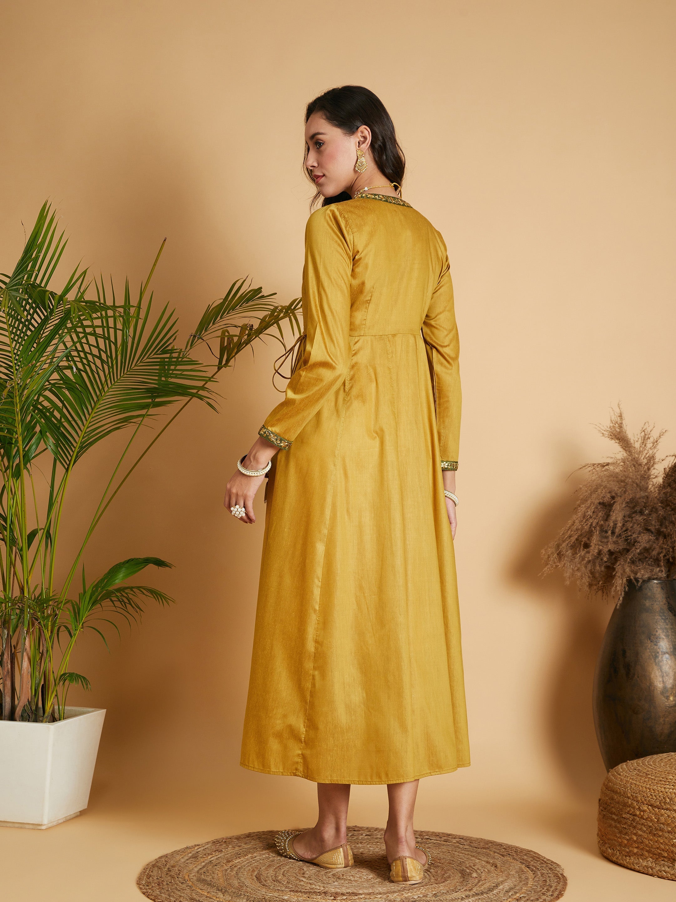 Women's Mustard Angrakha Anarkali Dress With Slip - Lyush