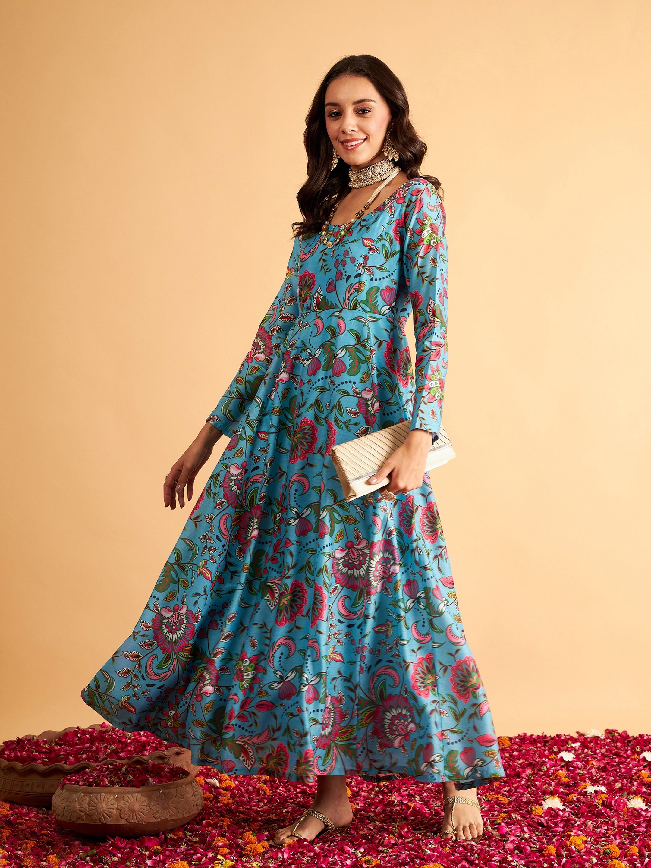 Women's Blue Floral Anarkali Maxi Dress - Lyush