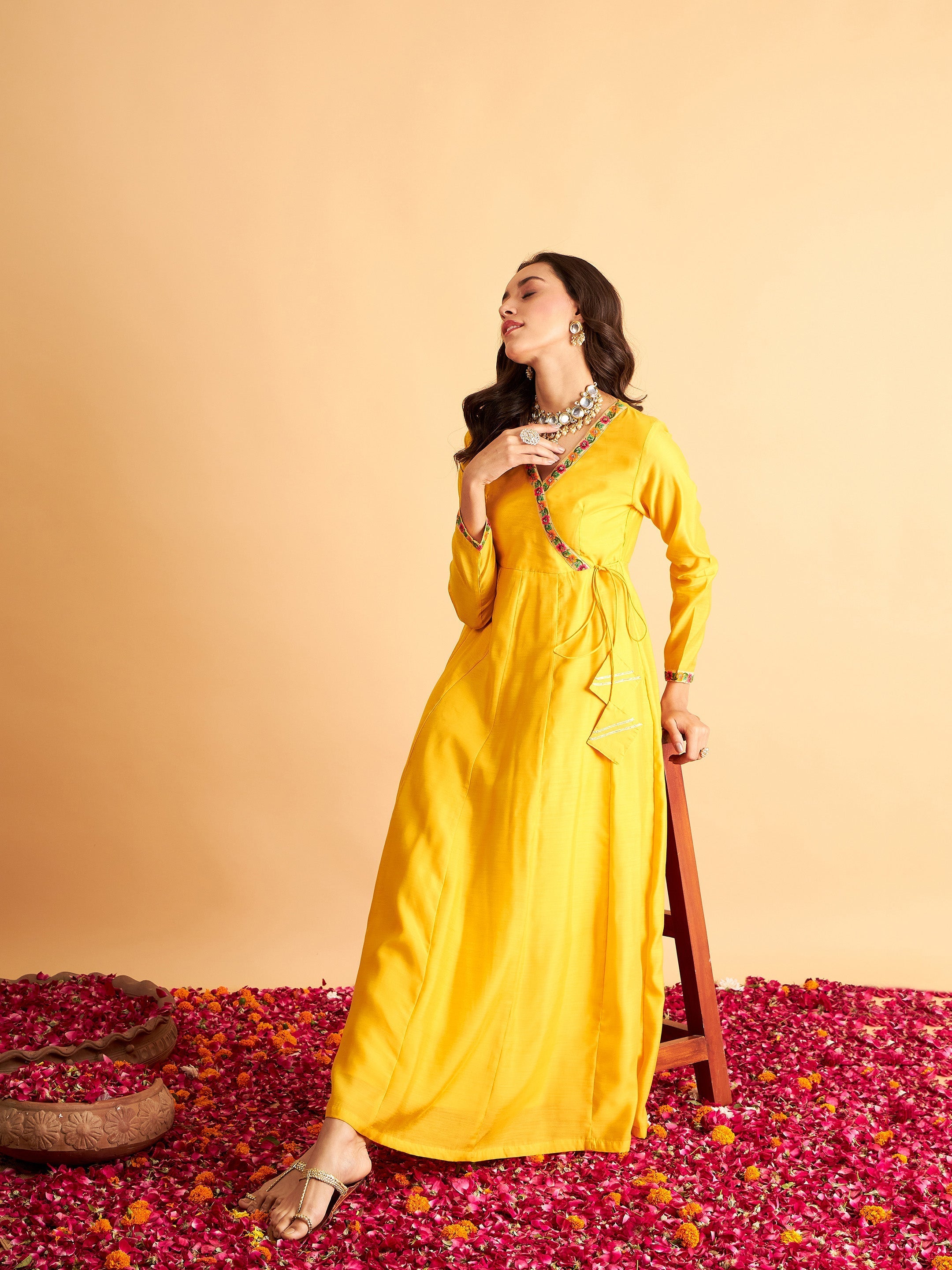 Women's Yellow Solid Wrap Neck Anarkali Maxi Dress - Lyush