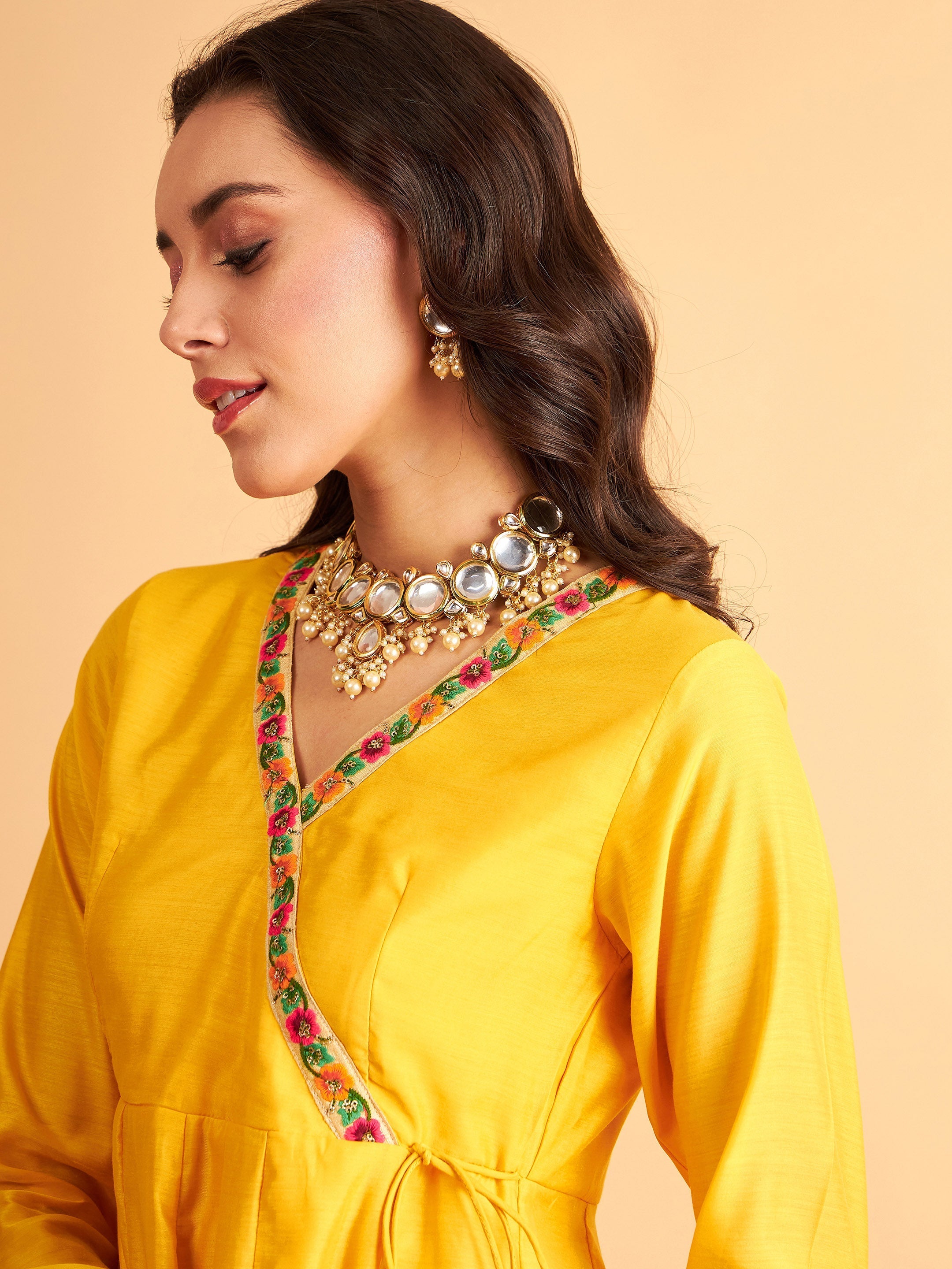Women's Yellow Solid Wrap Neck Anarkali Maxi Dress - Lyush