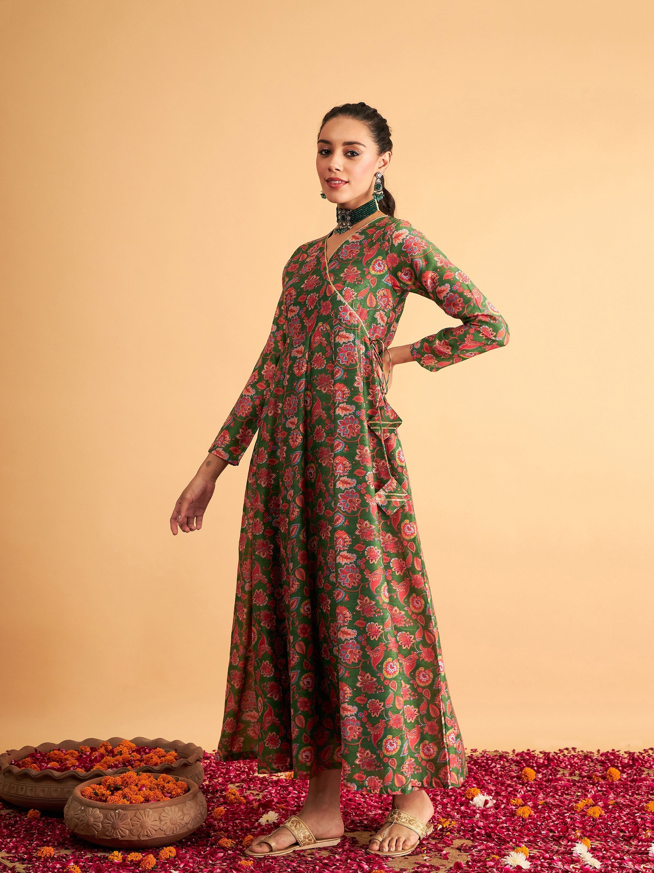 Women's Green Floral Wrap Anarkali Maxi Dress - Lyush