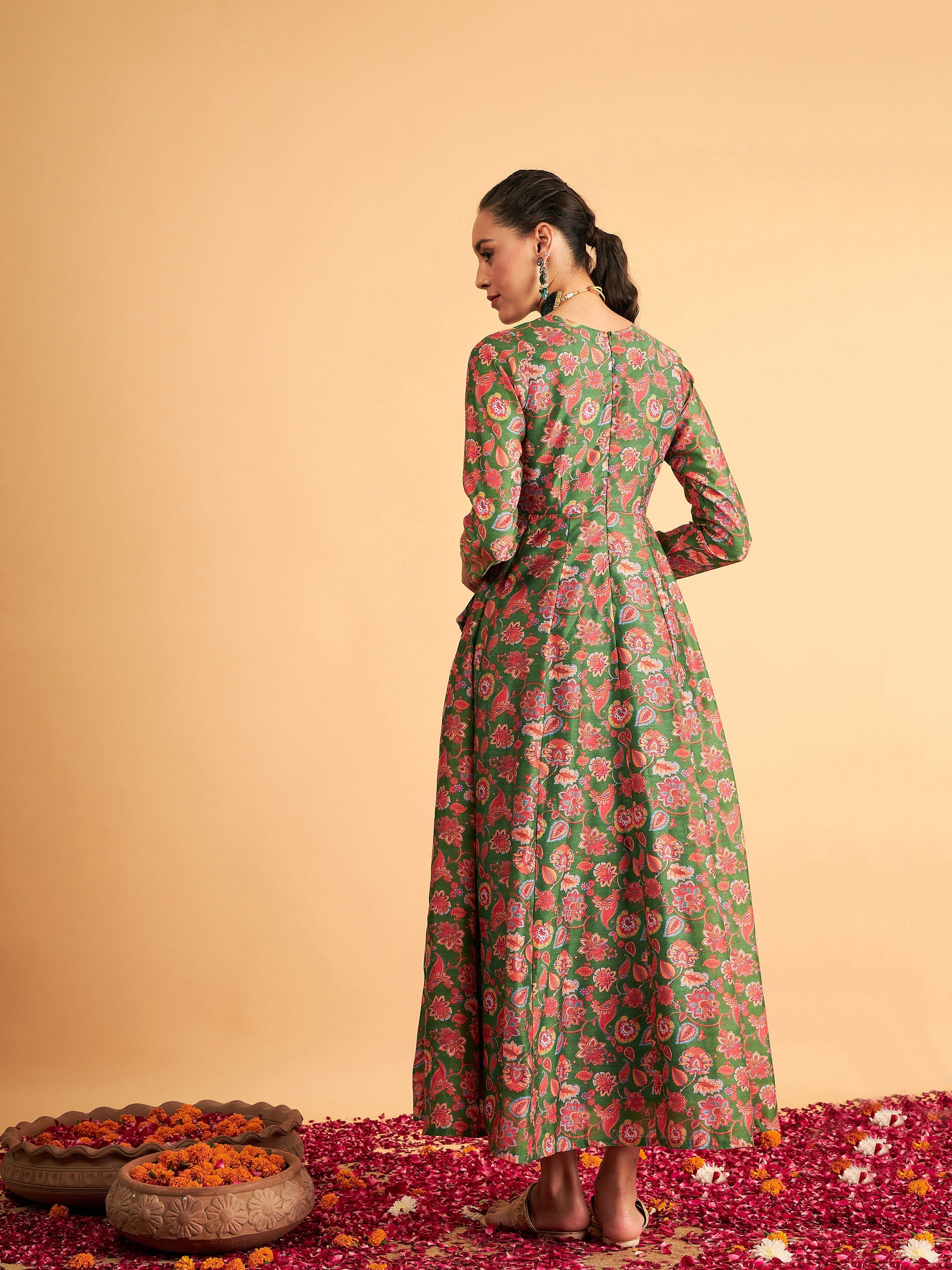 Women's Green Floral Wrap Anarkali Maxi Dress - Lyush