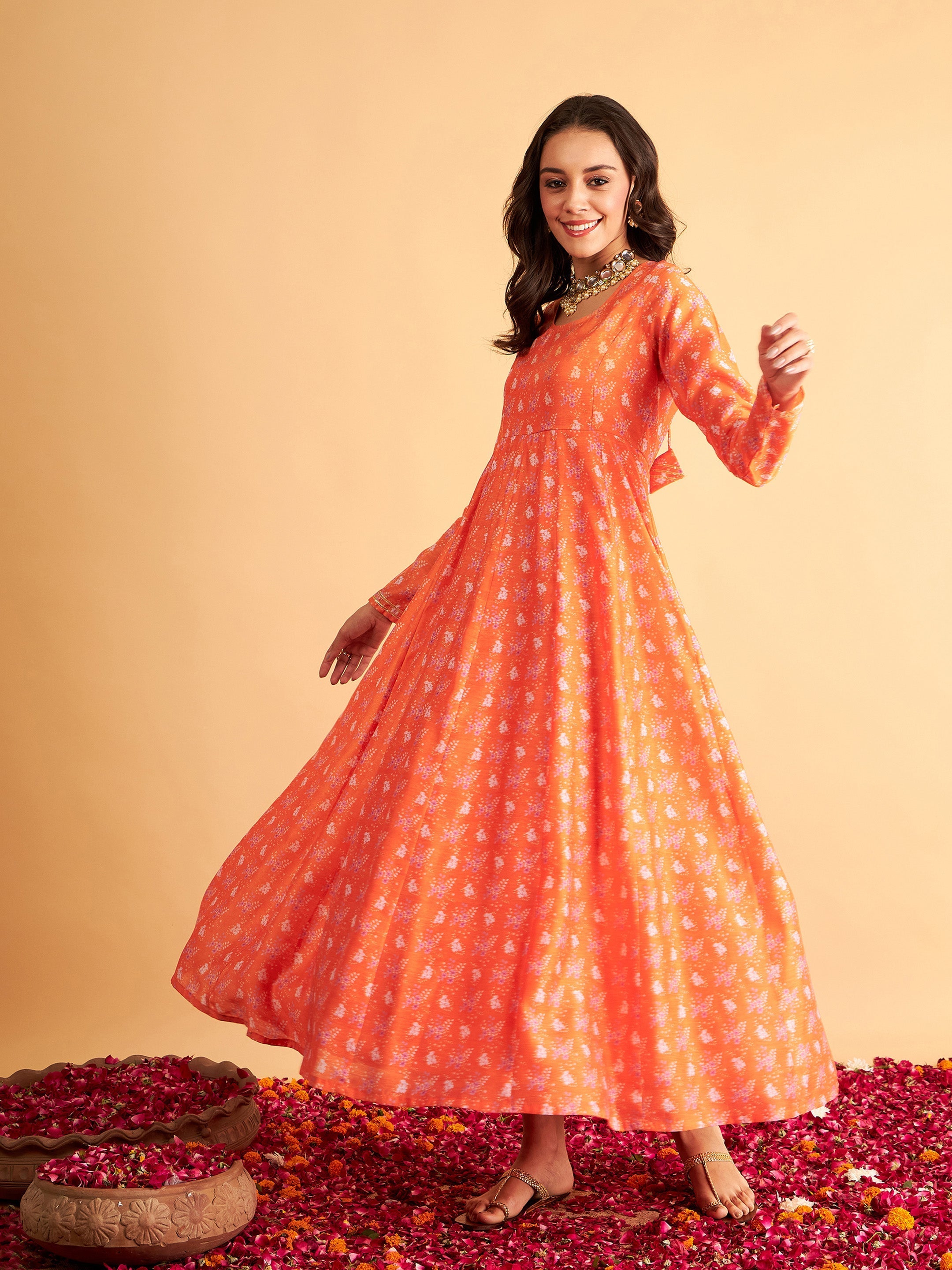 Women's Orange Floral Anarkali Maxi Dress - Lyush