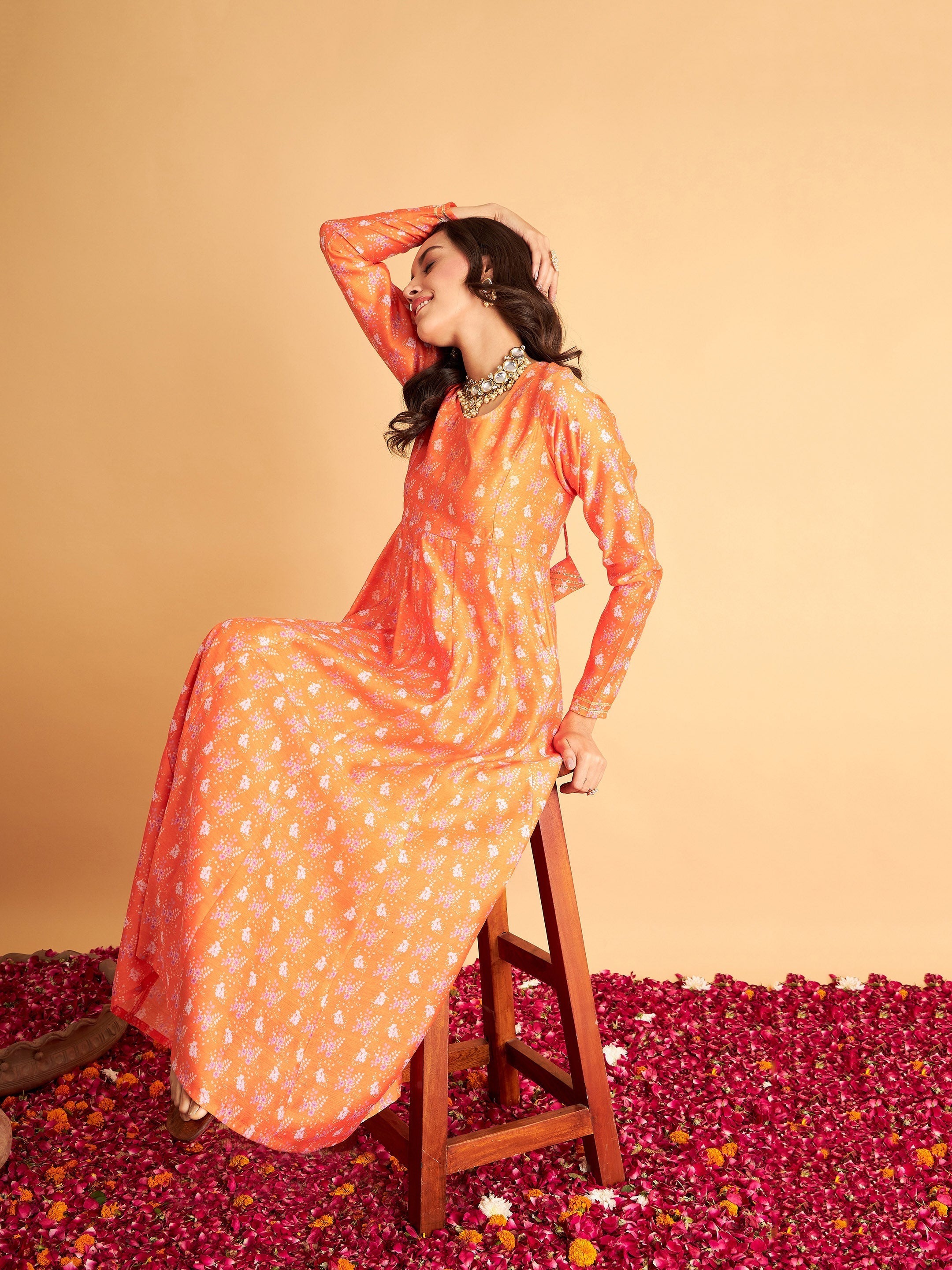 Women's Orange Floral Anarkali Maxi Dress - Lyush