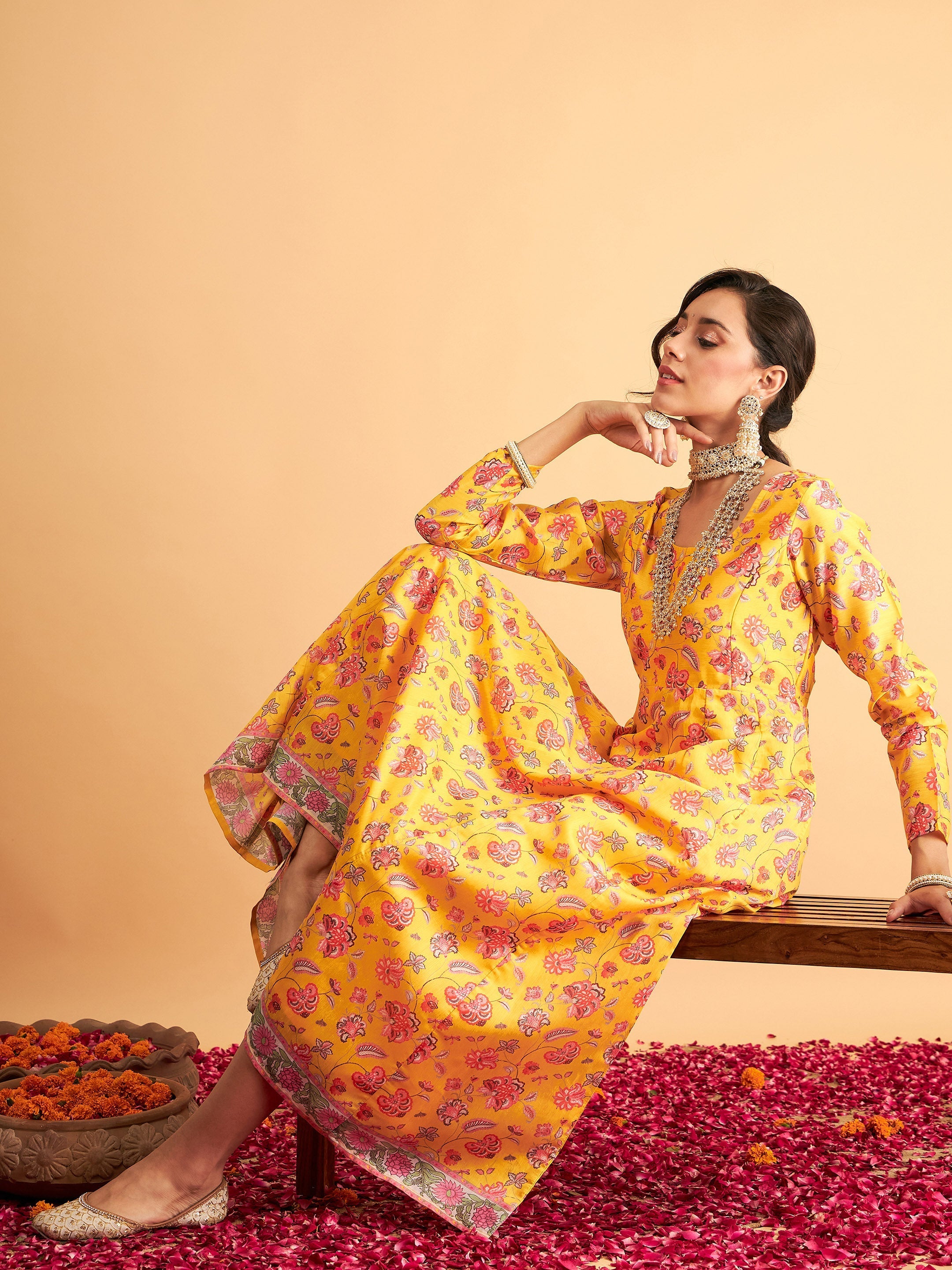 Women's Yellow Floral Anarkali Maxi Dress - Lyush