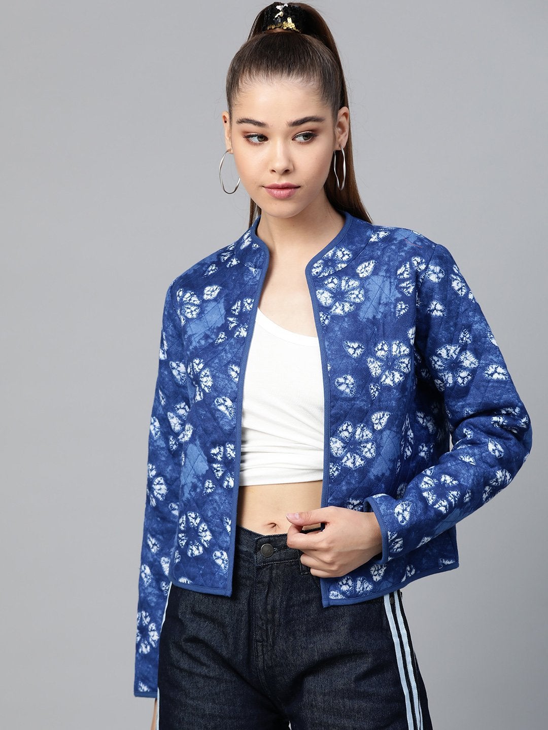 Women's Blue Tie & Dye Floral Quilted Ethnic Jacket - SASSAFRAS