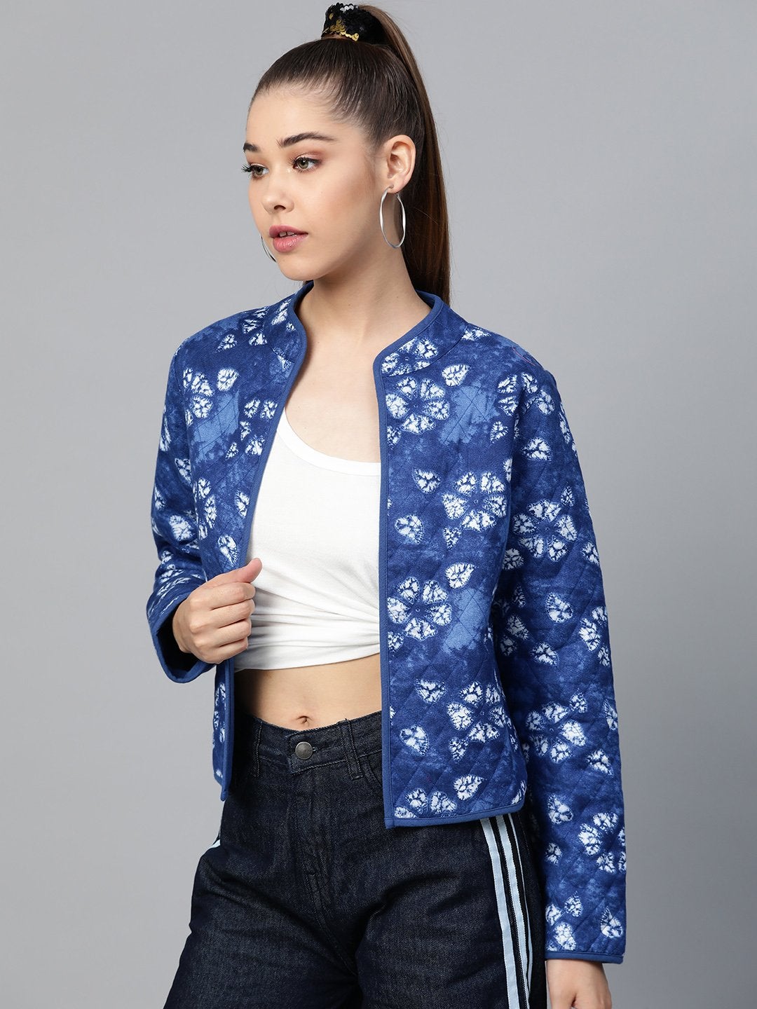 Women's Blue Tie & Dye Floral Quilted Ethnic Jacket - SASSAFRAS