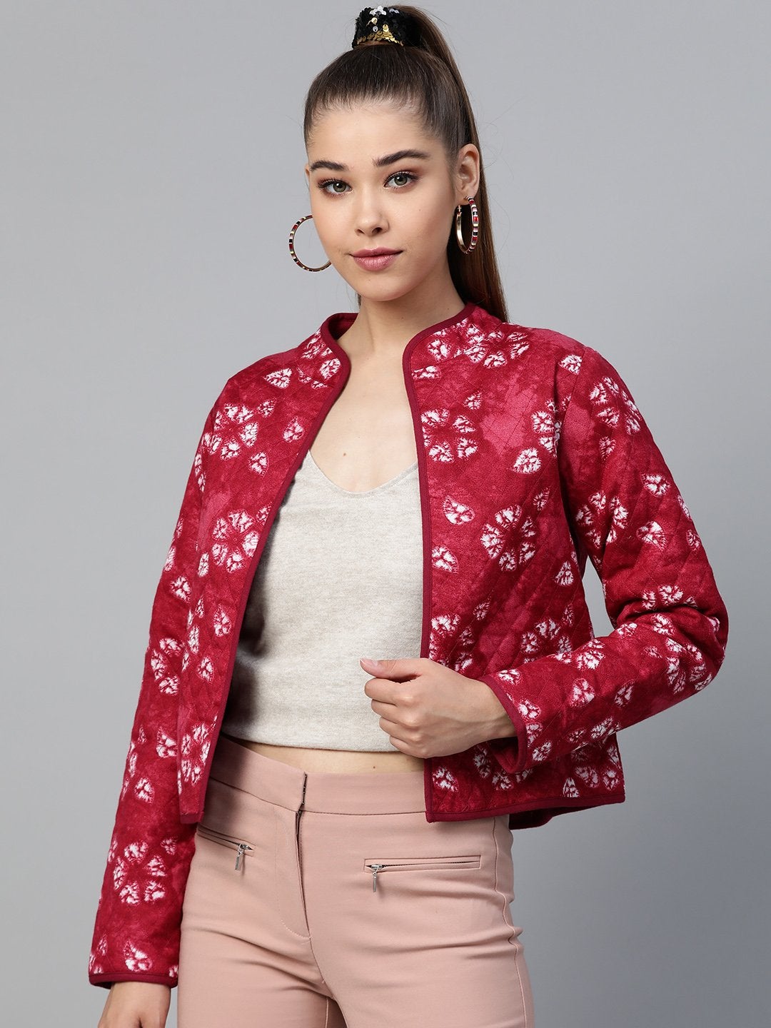 Women's Red Tie & Dye Floral Quilted Ethnic Jacket - SASSAFRAS