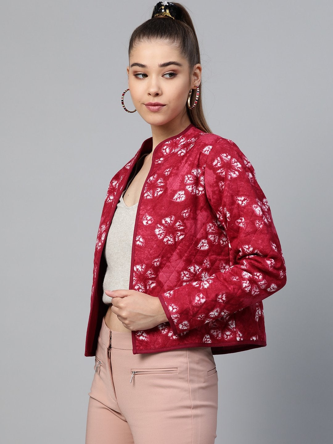 Women's Red Tie & Dye Floral Quilted Ethnic Jacket - SASSAFRAS