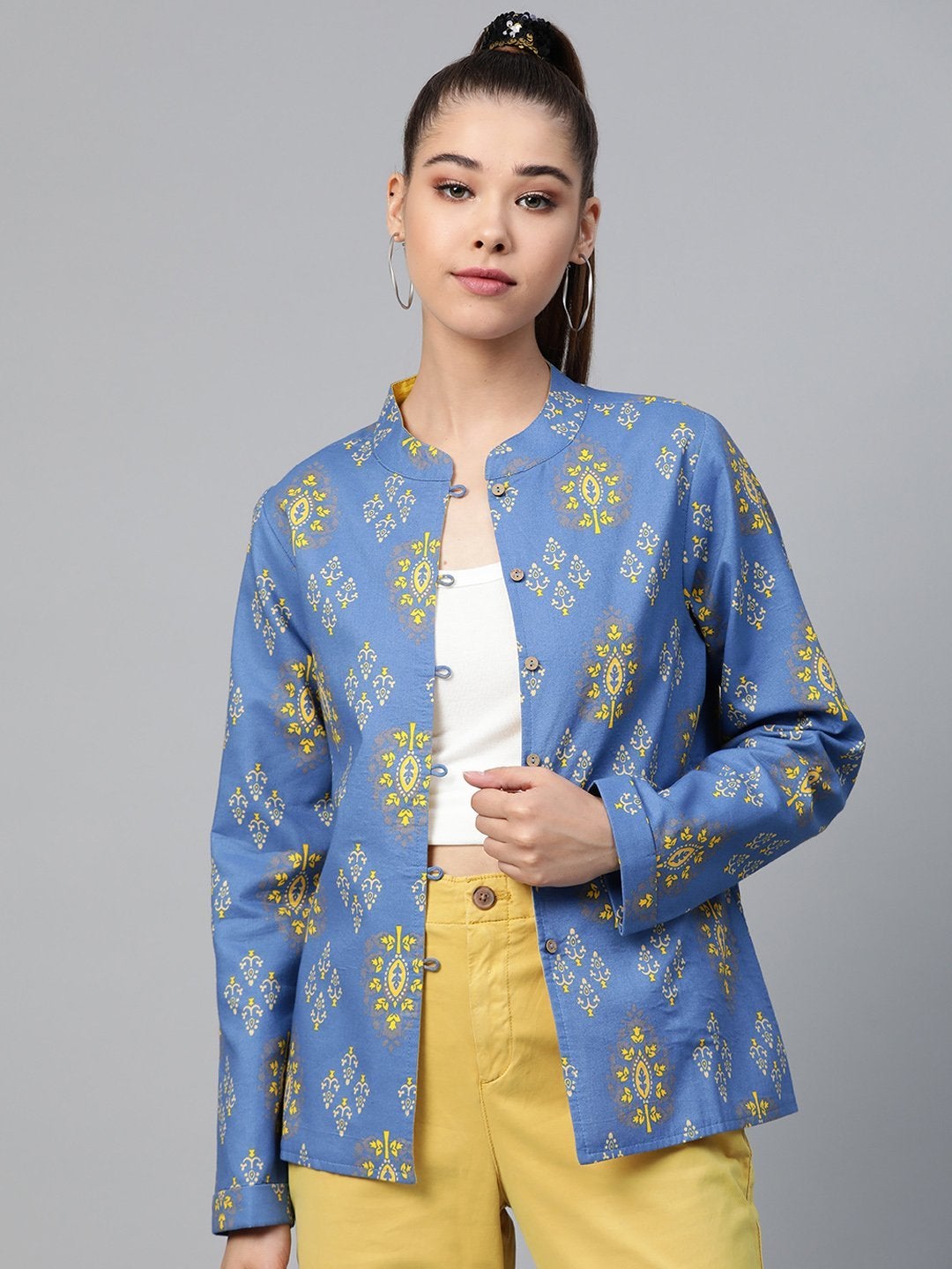 Women's Blue Floral Buttoned Ethnic Jacket - SASSAFRAS