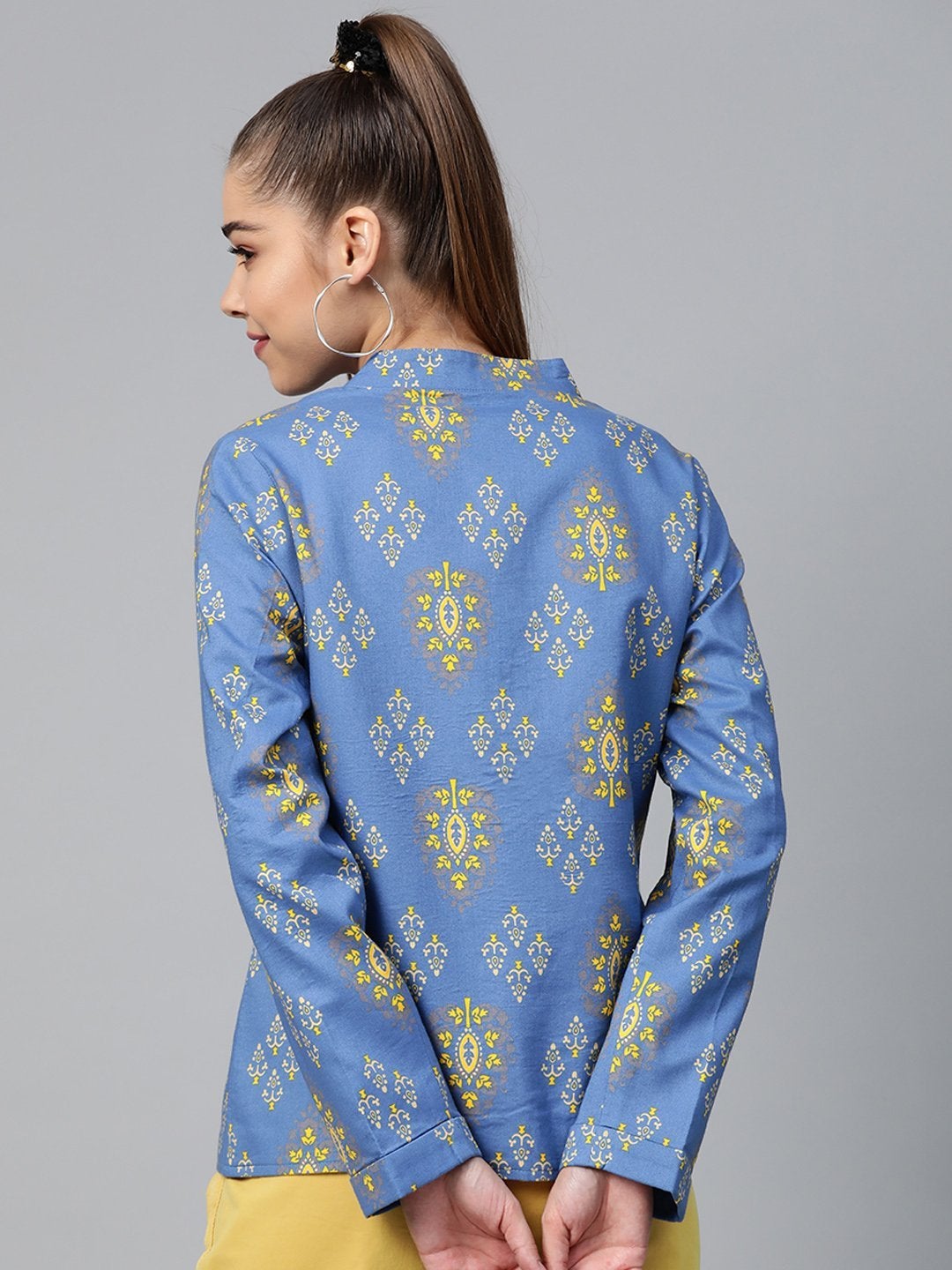 Women's Blue Floral Buttoned Ethnic Jacket - SASSAFRAS