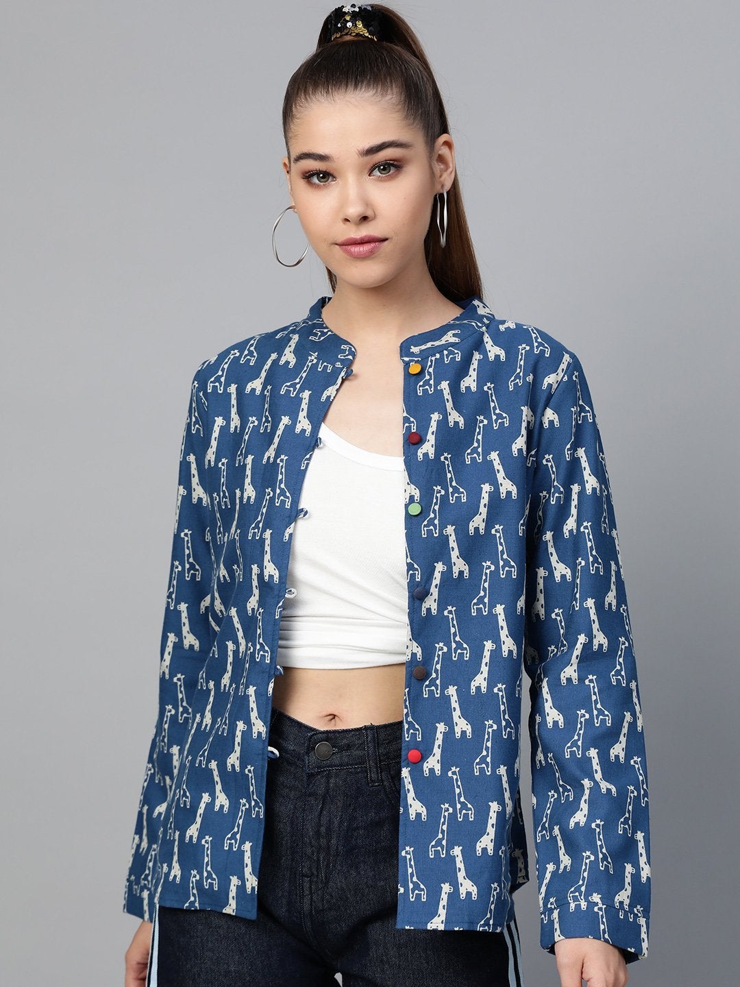 Women's Blue Giraffe Print Buttoned Ethnic Jacket - SASSAFRAS