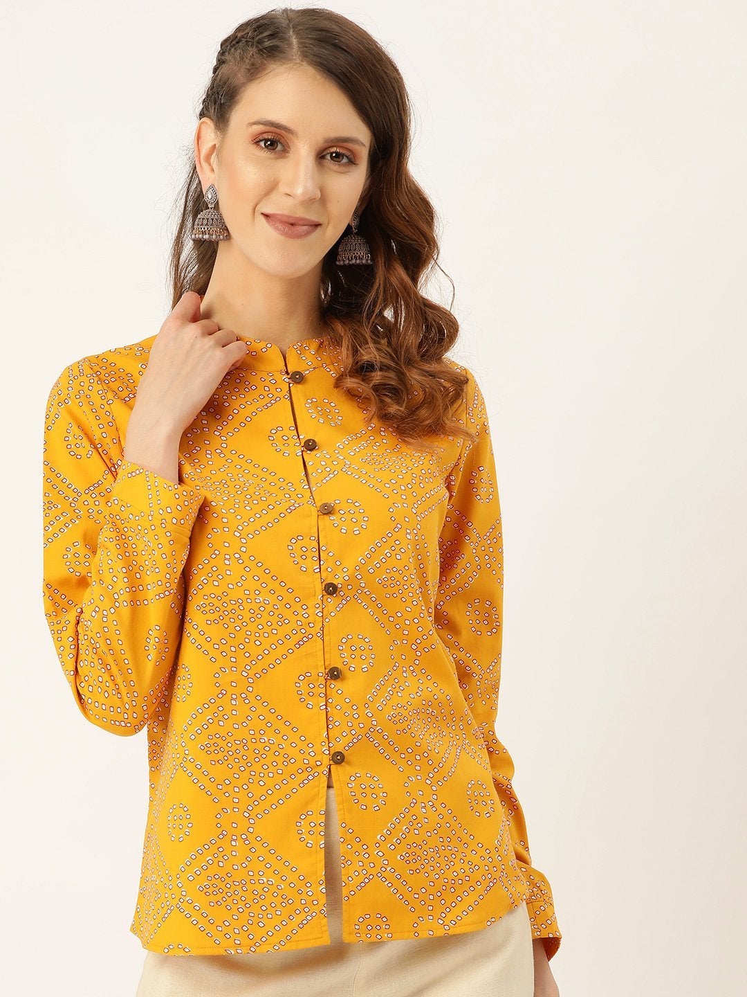 Women's Mustard Bandhej Buttoned Ethnic Jacket - SASSAFRAS