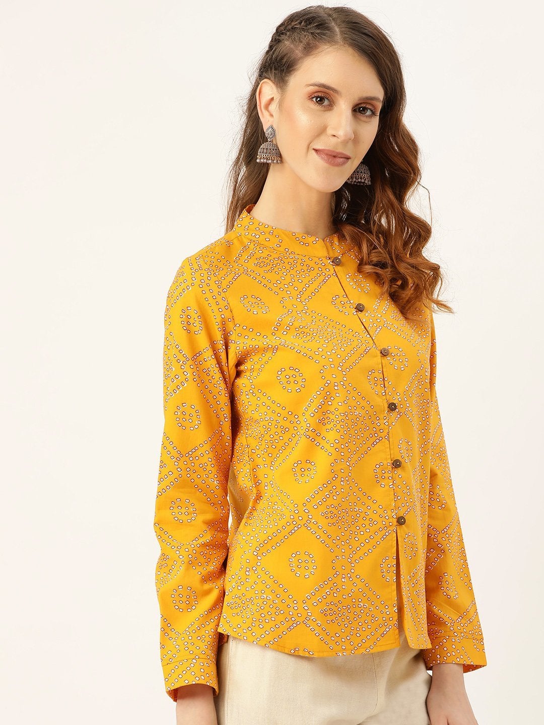 Women's Mustard Bandhej Buttoned Ethnic Jacket - SASSAFRAS